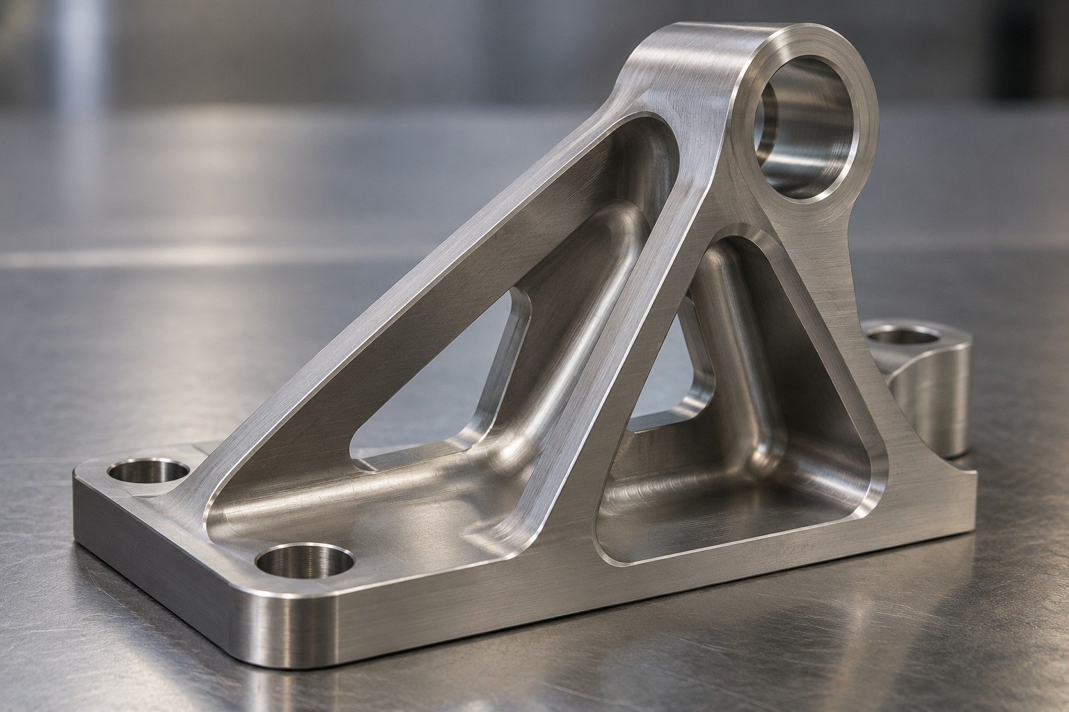 Macro of titanium ribbed bracket with generous smooth internal fillet,stout backing section and small controlled edge break. — illustrative generated component concept