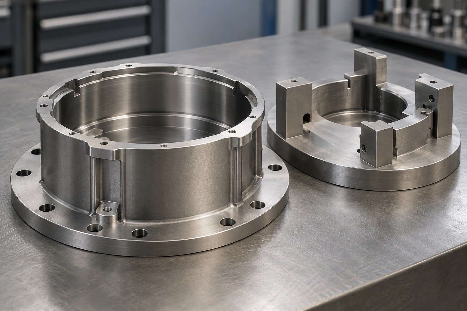Short titanium housing with thin continuous walls and broad mounting flange next to snug removable support fixture,no cracks or deflection. — illustrative generated component concept