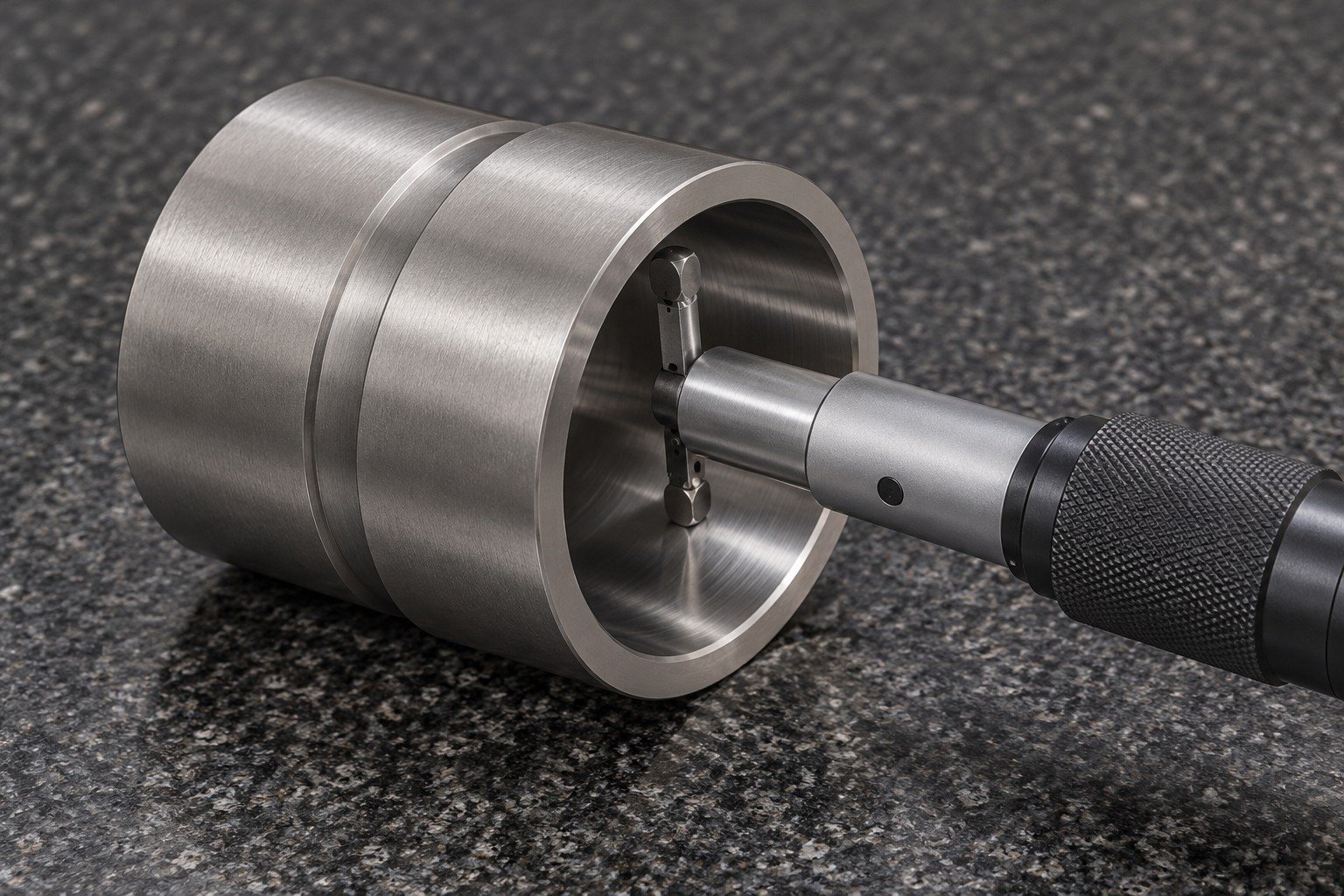 Short titanium tube coupling on granite;compact bore gauge physically contacts its large accessible bore,no numbers or hands. — illustrative generated component concept