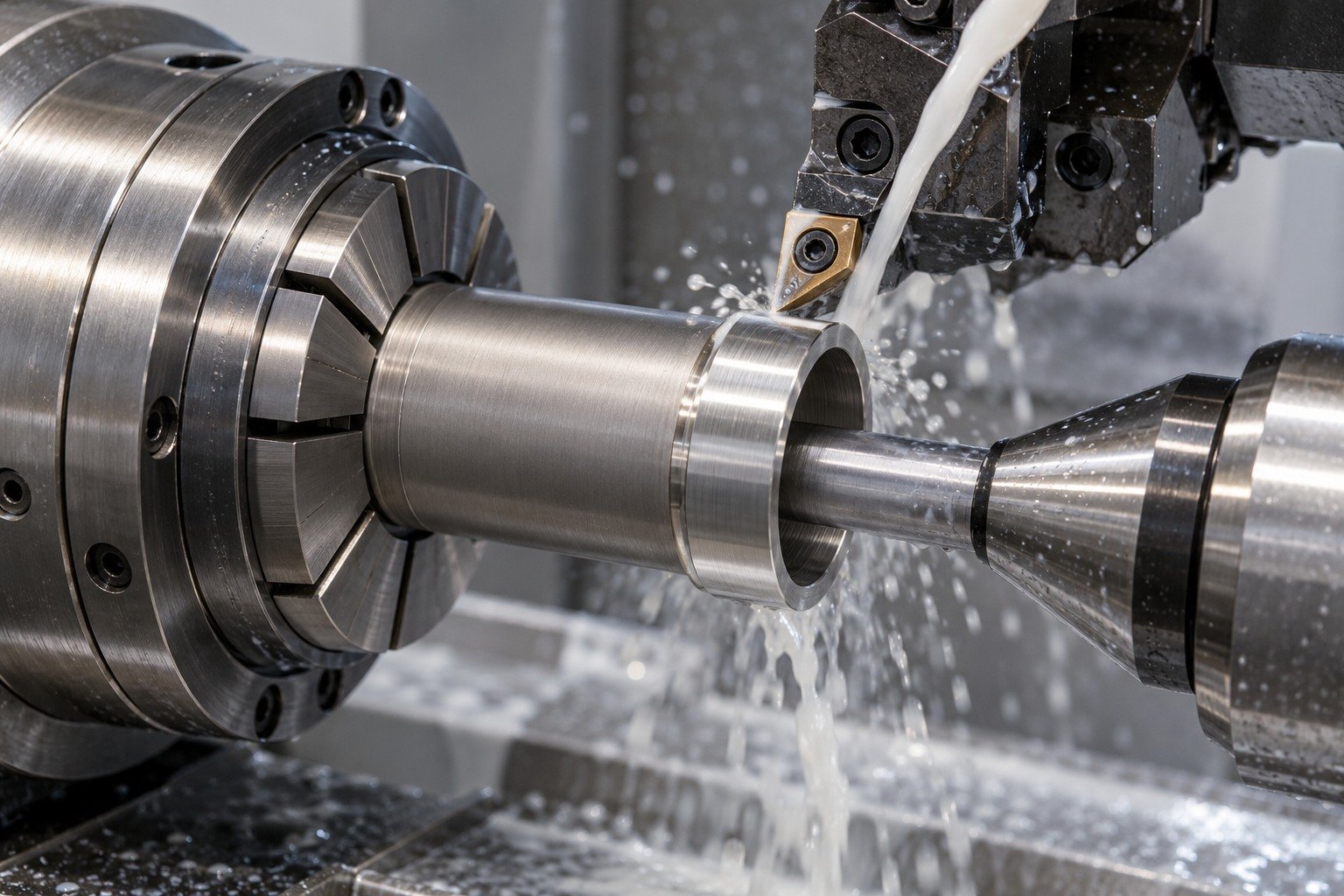 Short titanium tube coupling supported by collet and mandrel;carbide tool cuts outside collar under localized milky cutting fluid. — illustrative generated component concept