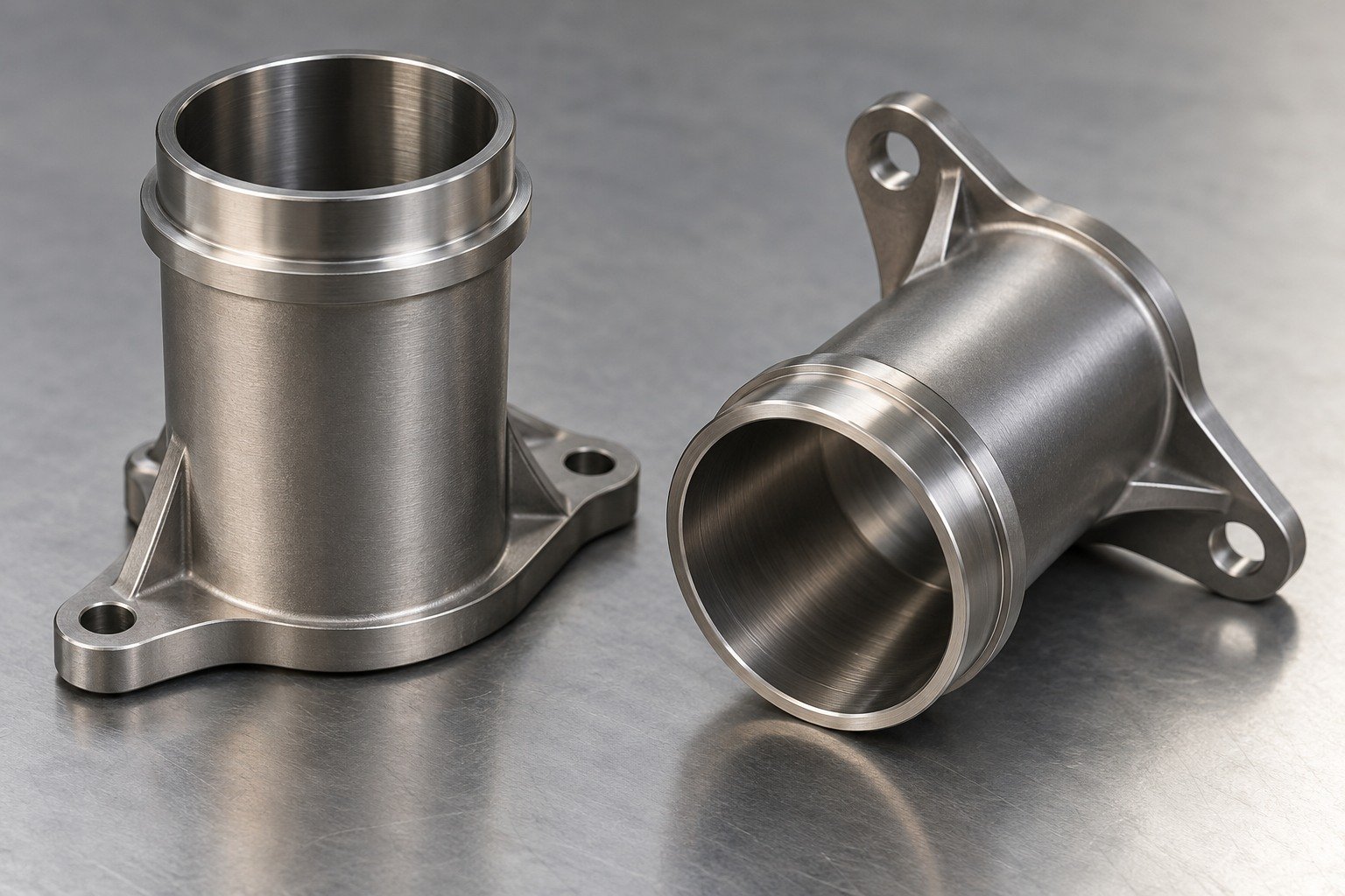 Two short thin-wall titanium tube couplings with supported mounting flanges and one broad tube-end collar,no bicycle or aircraft scene. — illustrative generated component concept