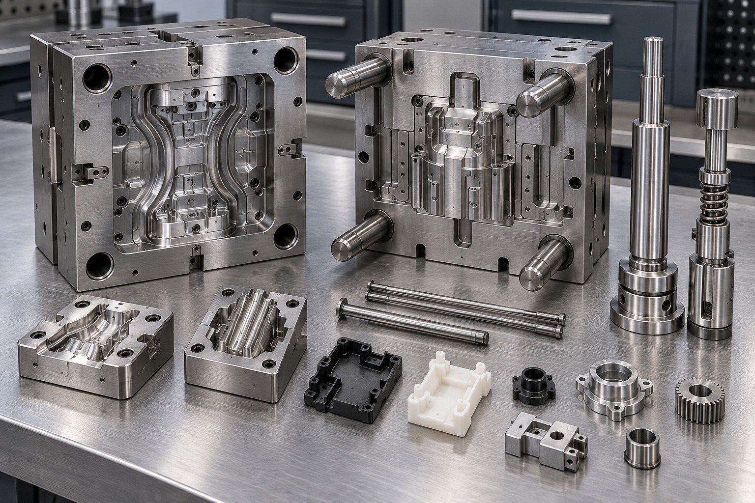 Illustrative tooling concepts: precision mold insert, guided punch, ejector assembly and trial parts