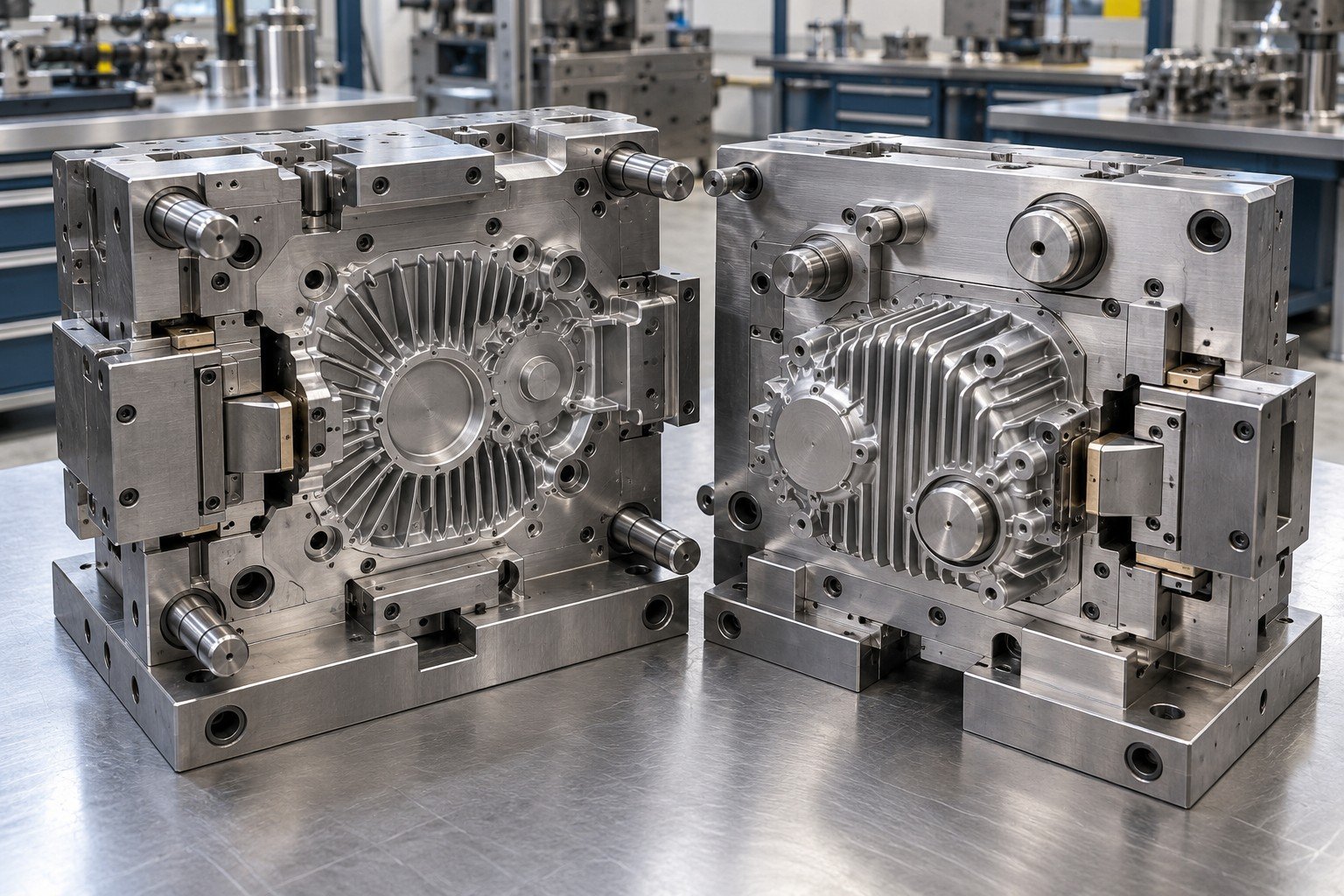 Steel die casting die for finned aluminum gearbox cover with removable slide and core inserts; Your Fault detail