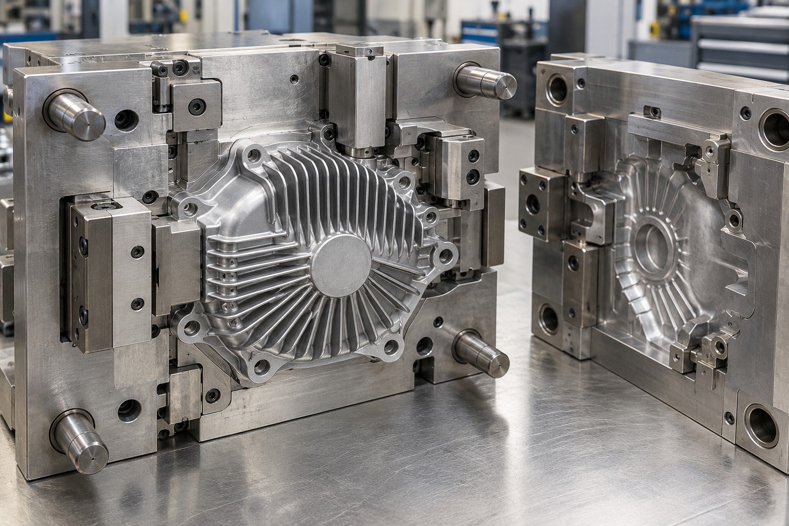 Steel die casting die for finned aluminum gearbox cover with removable slide and core inserts; Repair Scope detail