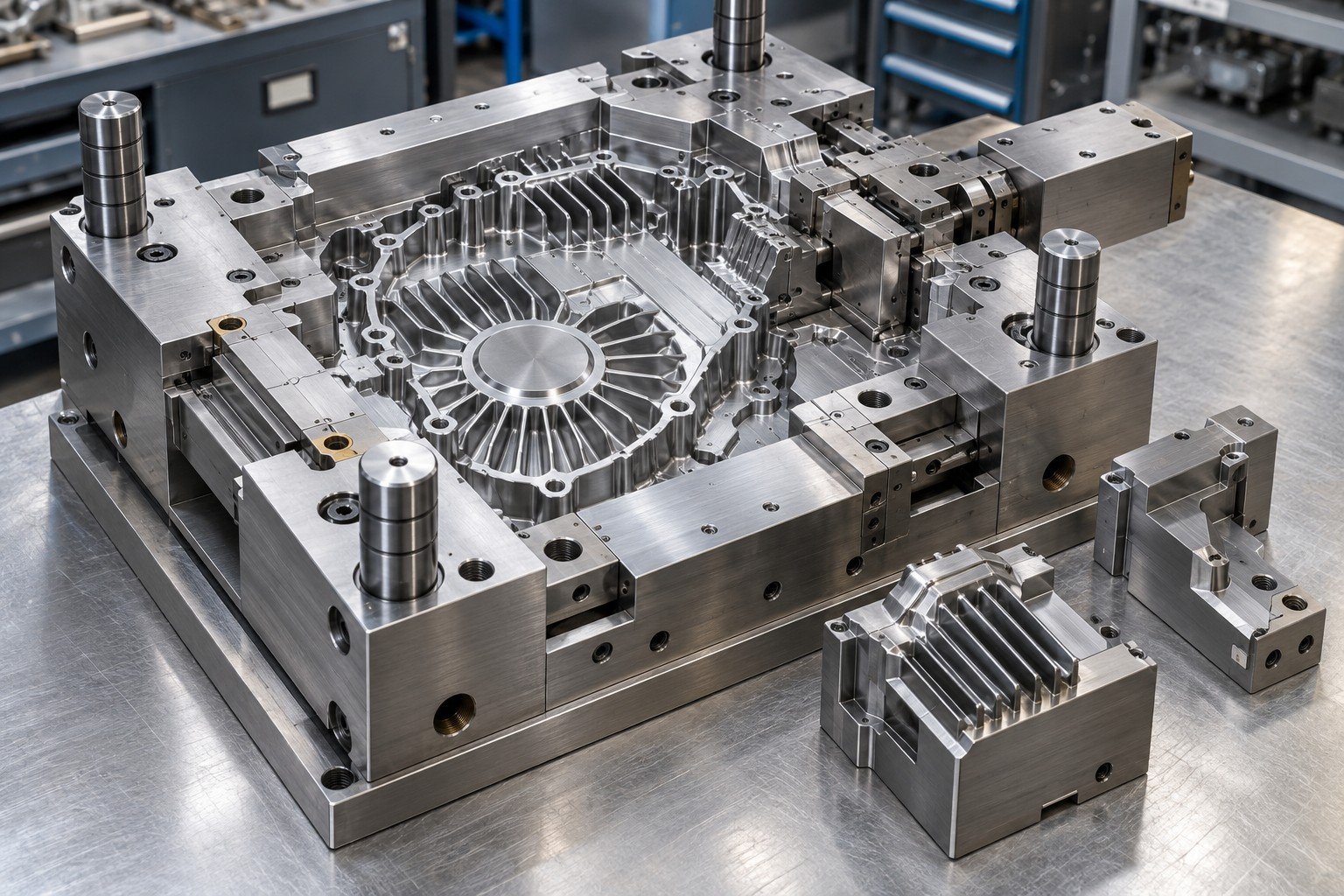Steel die casting die for finned aluminum gearbox cover with removable slide and core inserts; Work Plan detail