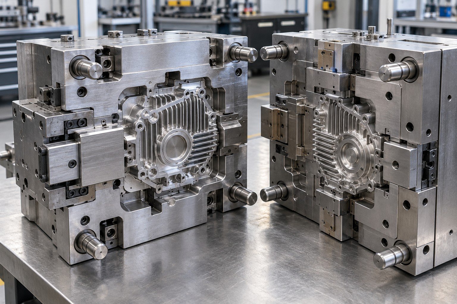 Steel die casting die for finned aluminum gearbox cover with removable slide and core inserts; Acceptance detail