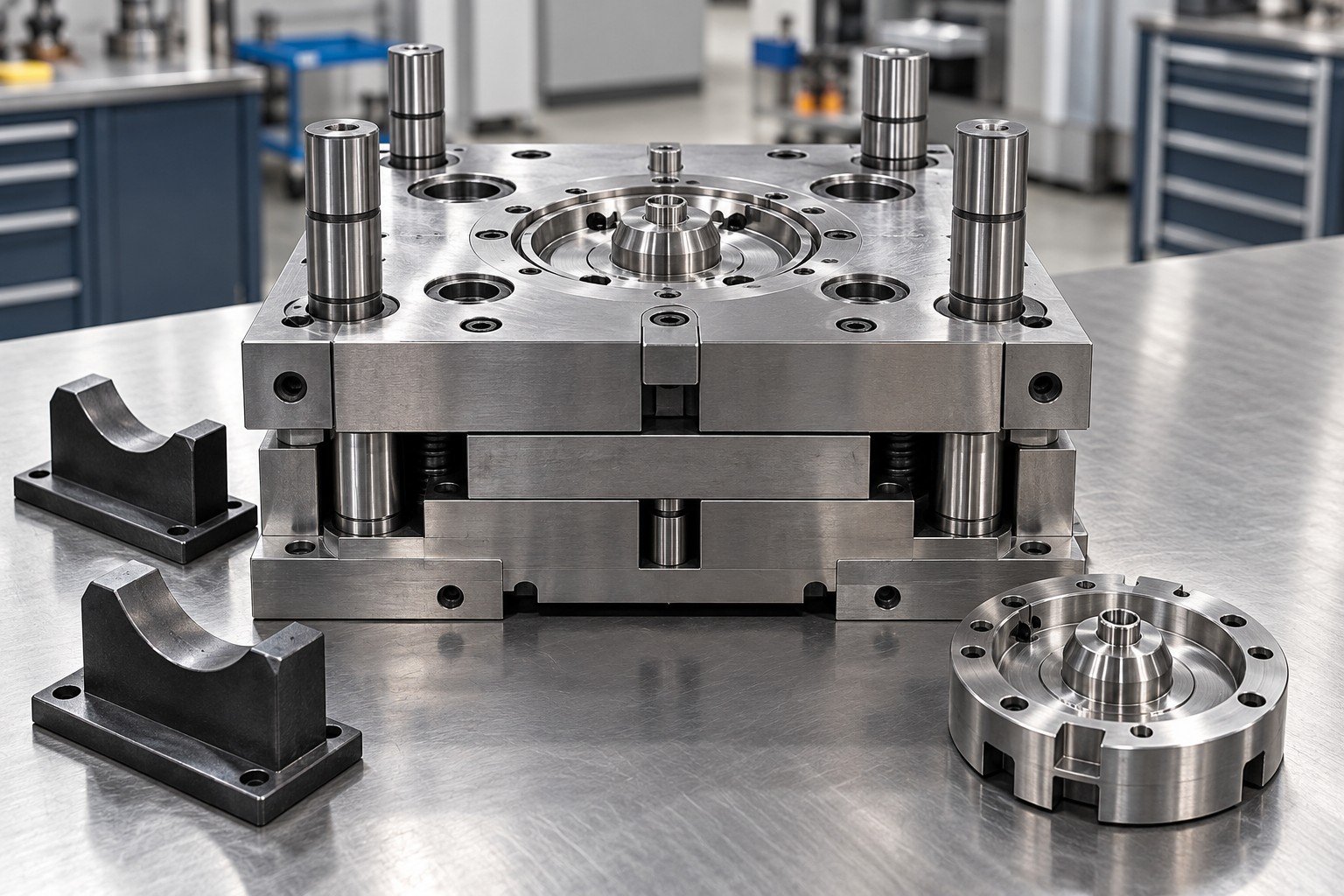 Closed tool assembly on a receiving bench with detached insert and protective supports