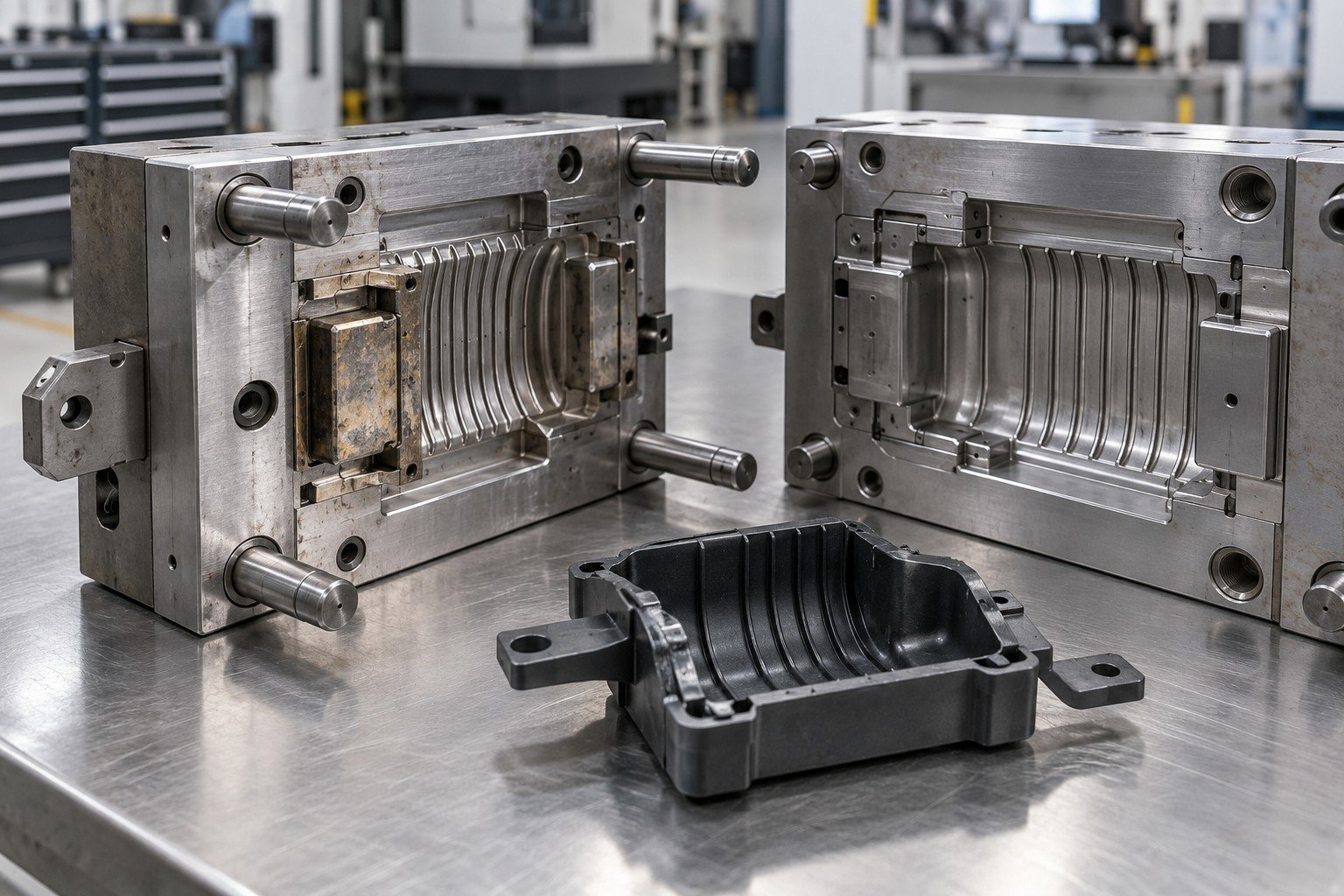 Open steel mold with visible worn shutoff insert beside molded fault sample