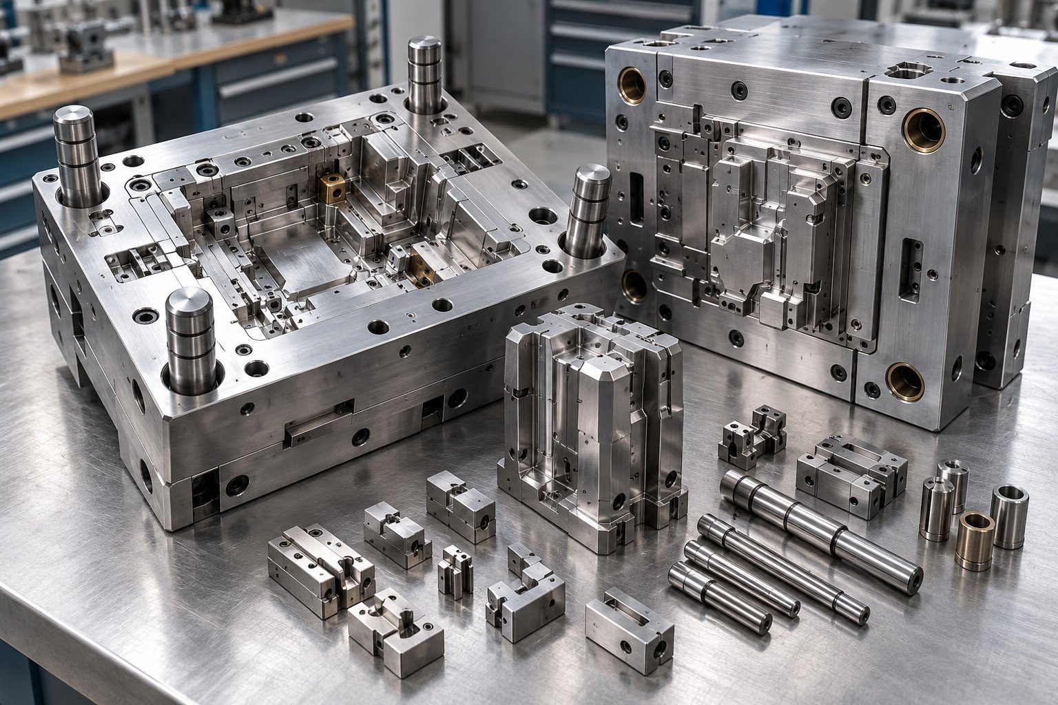 Mold assembly with removable core and grouped replacement components on clean planning bench
