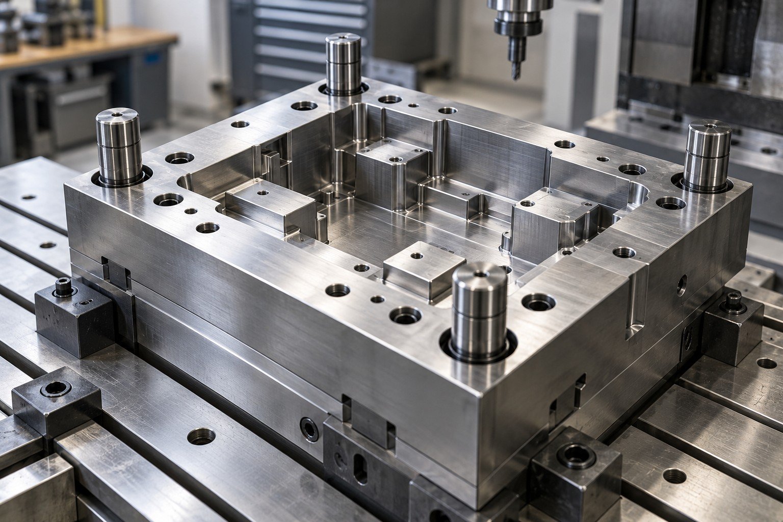 Precision mold insert secured in a clean CNC milling fixture, no people
