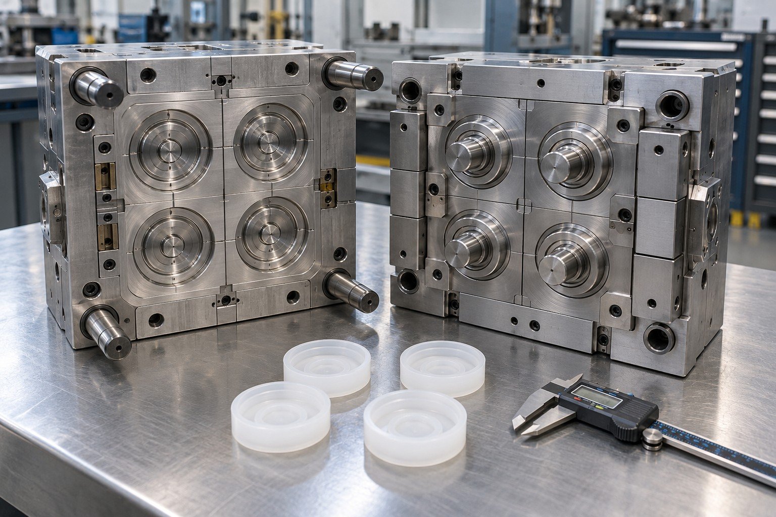 Open injection mold with orderly molded trial shells and a digital caliper on bench