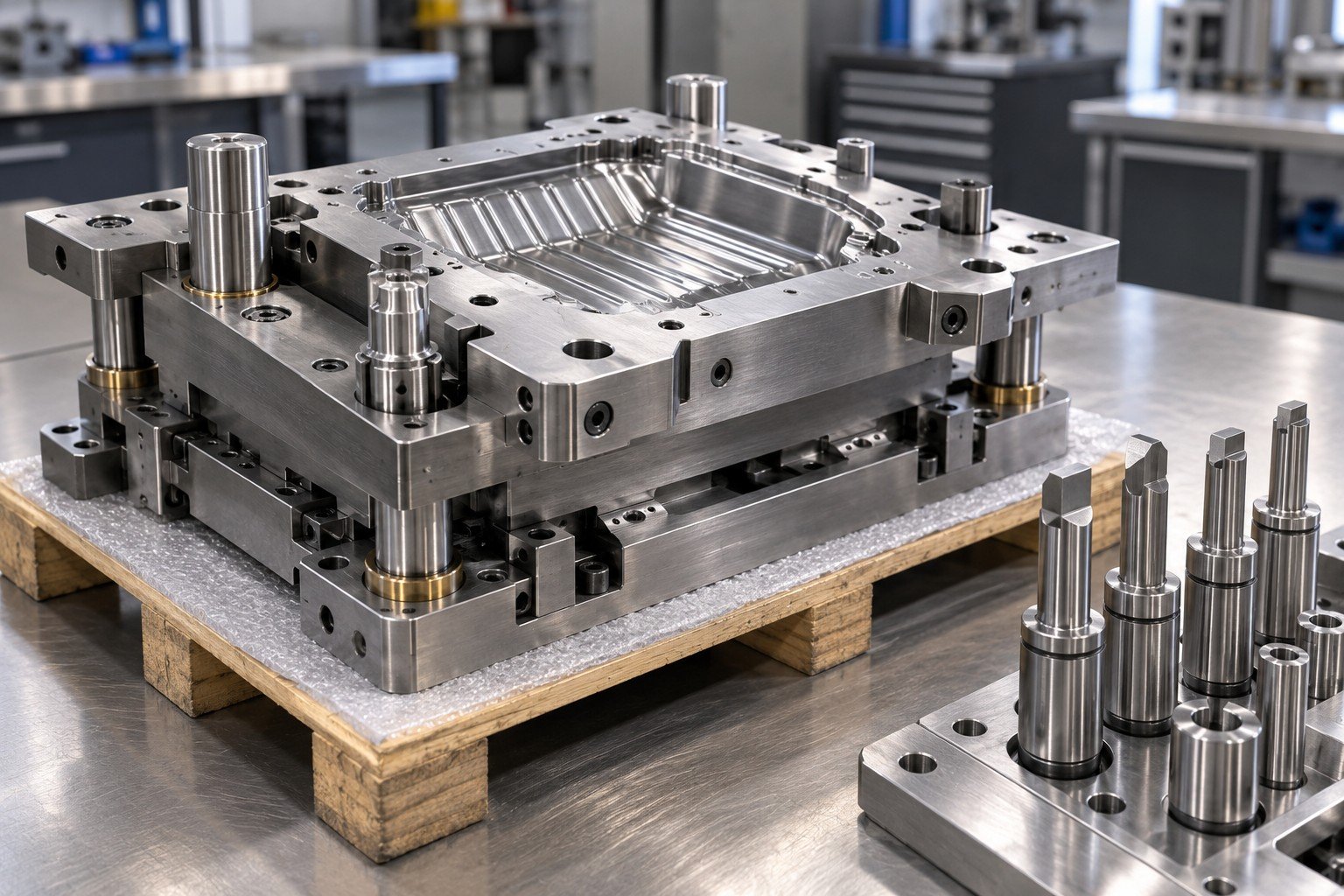 Serviced industrial stamping die on protected pallet beside identified spare punches