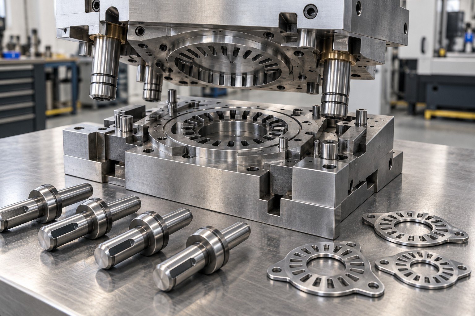 Illustrative tooling-service concept: serviced stamping die for slotted circular steel flanges with separate punches and trial parts