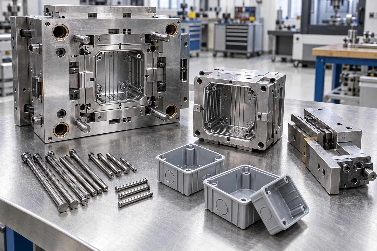 Opened injection mold, removable insert and organized replacement components on a clean service bench