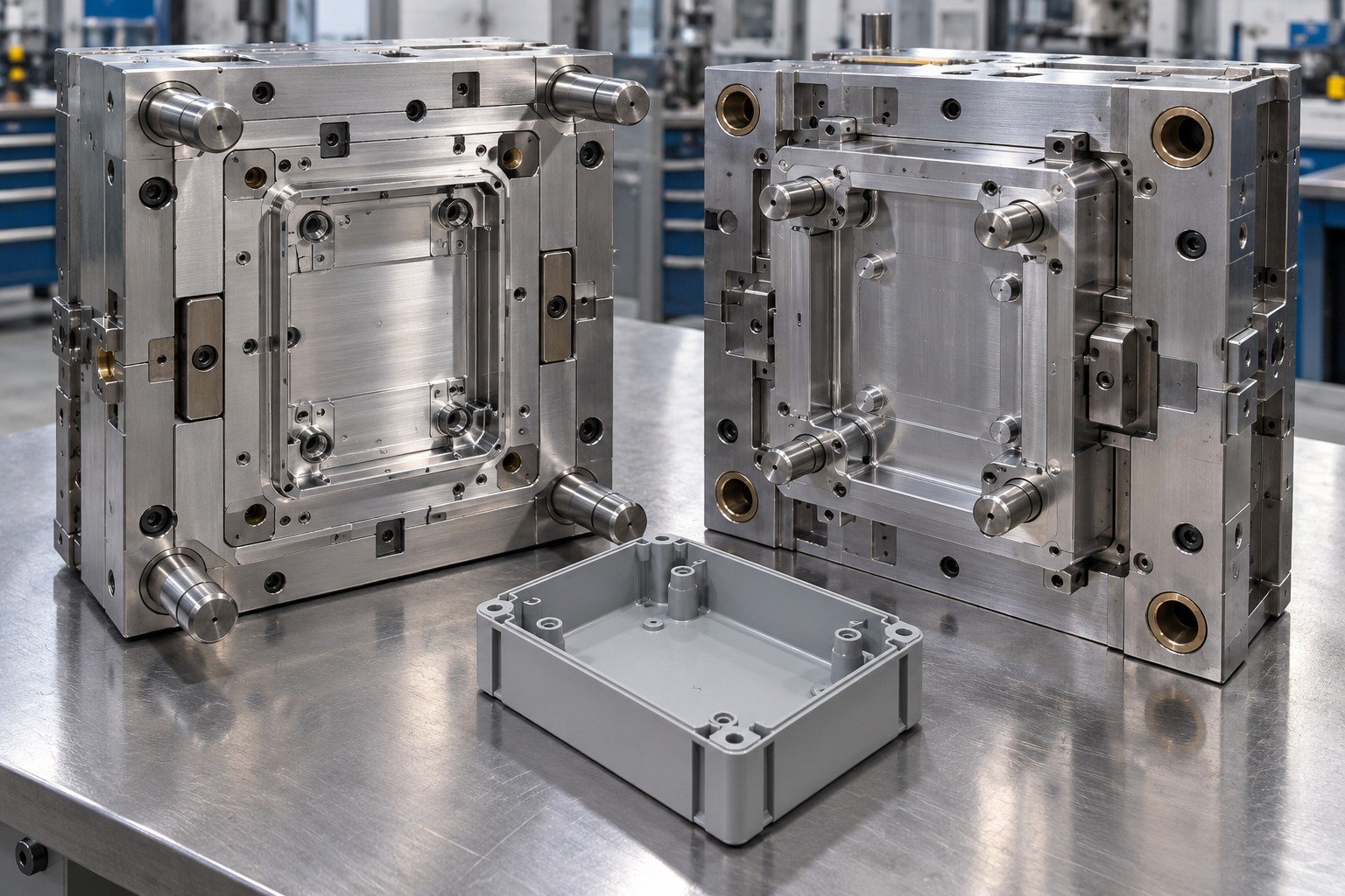 Open injection mold for rectangular industrial control box with trial shell