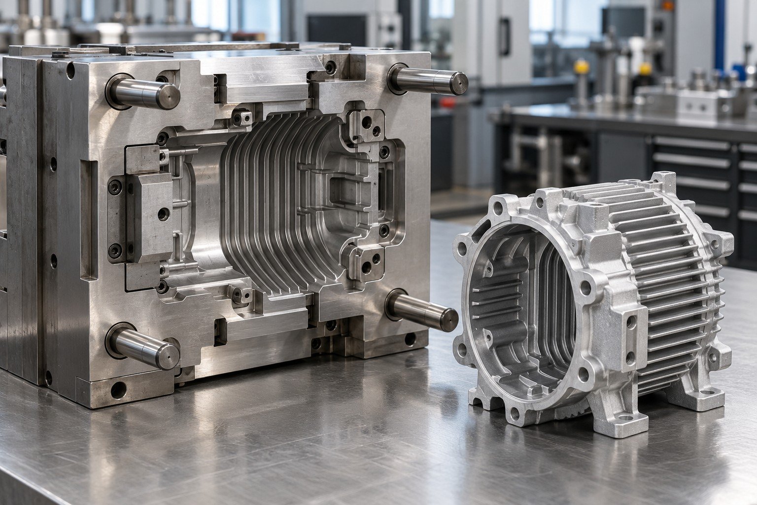 Die casting die insert beside complex aluminum finned motor housing trial concept