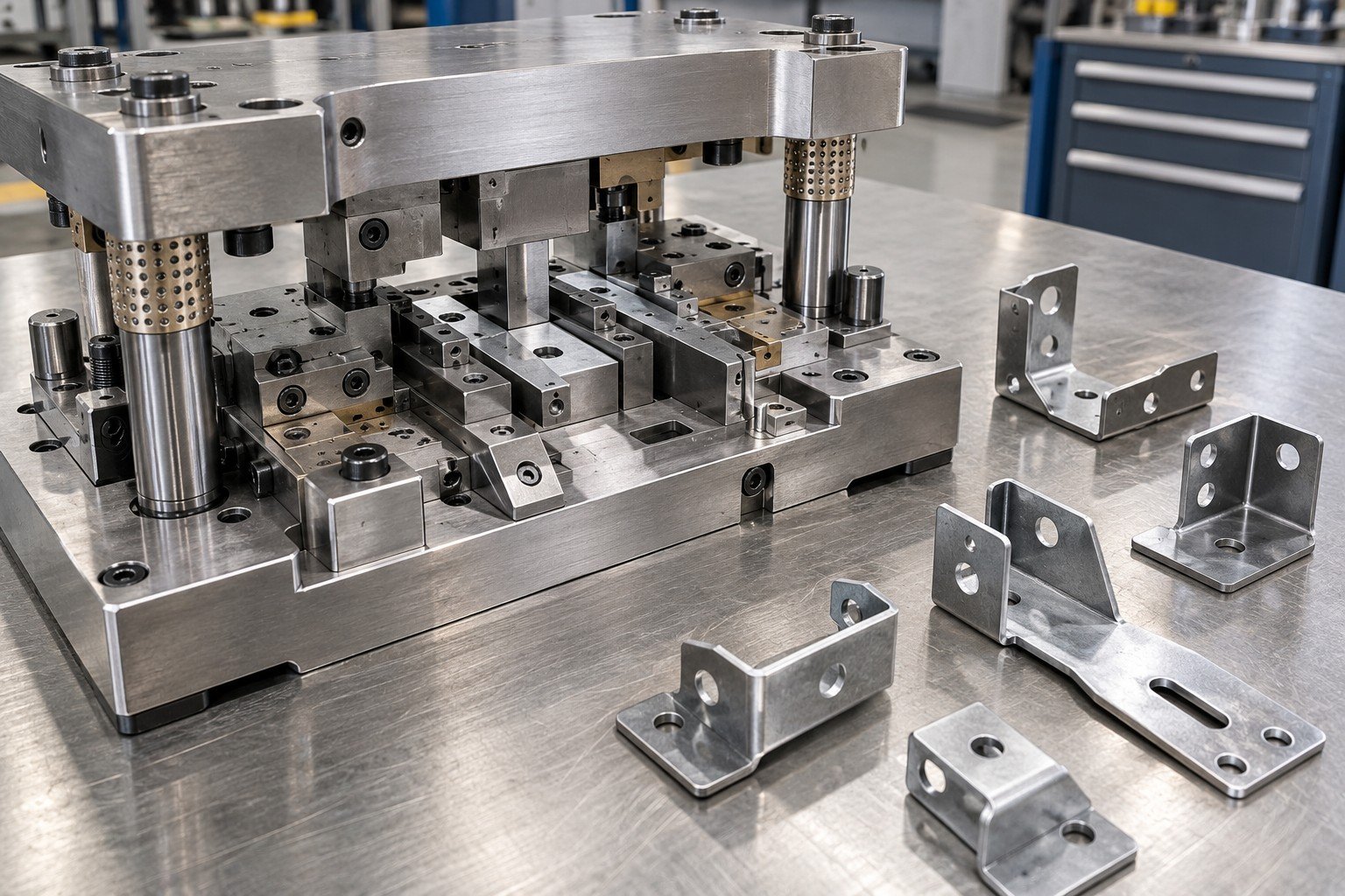 Serviced single station die beside pierced and bent steel brackets