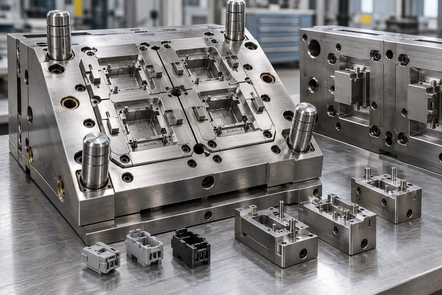 Compact multi-cavity mold with small industrial connector housings and replaceable inserts