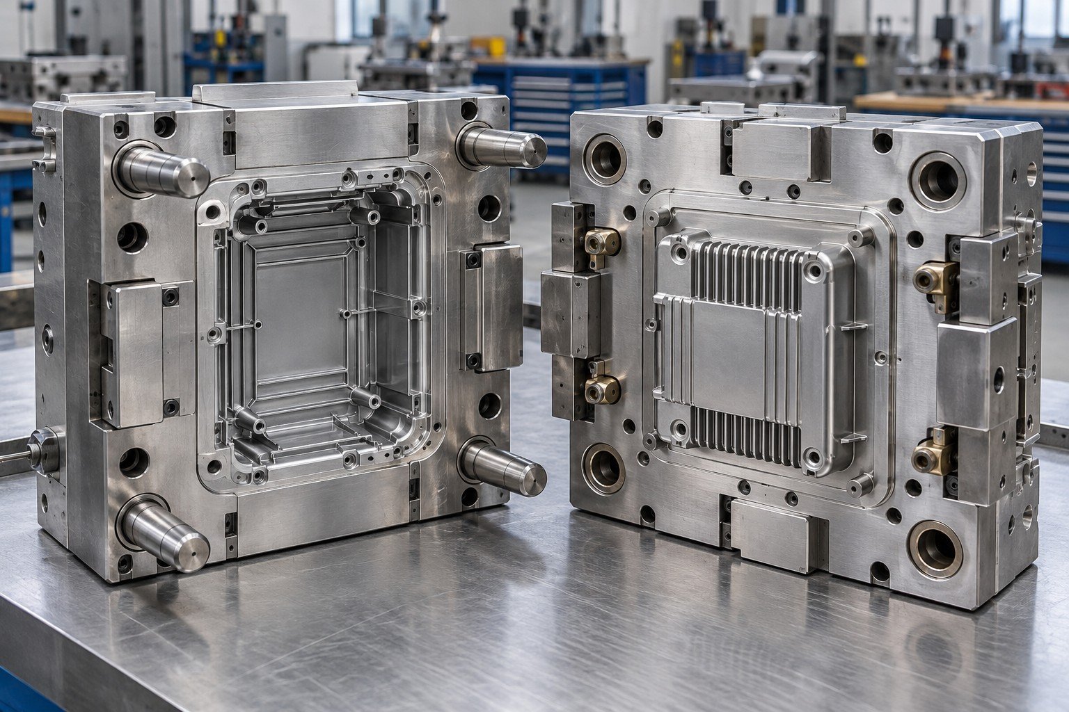 Open injection mold for a ribbed instrument housing with rectangular cavity insert; Your Fault detail