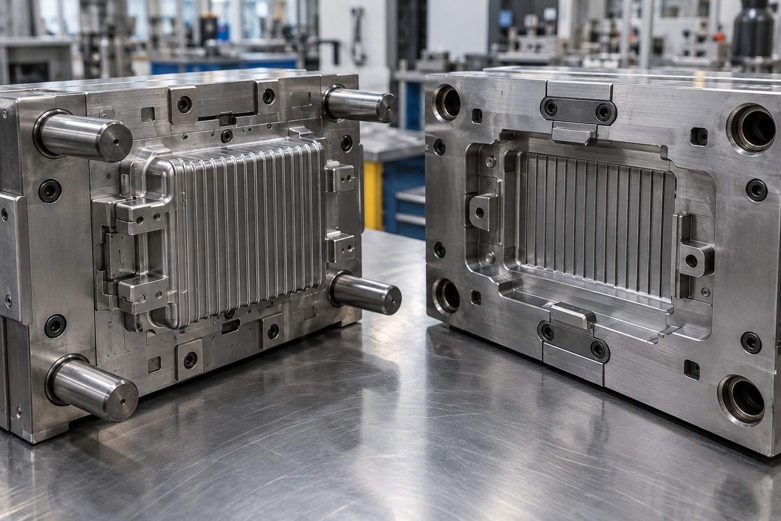 Open injection mold for a ribbed instrument housing with rectangular cavity insert; Repair Scope detail