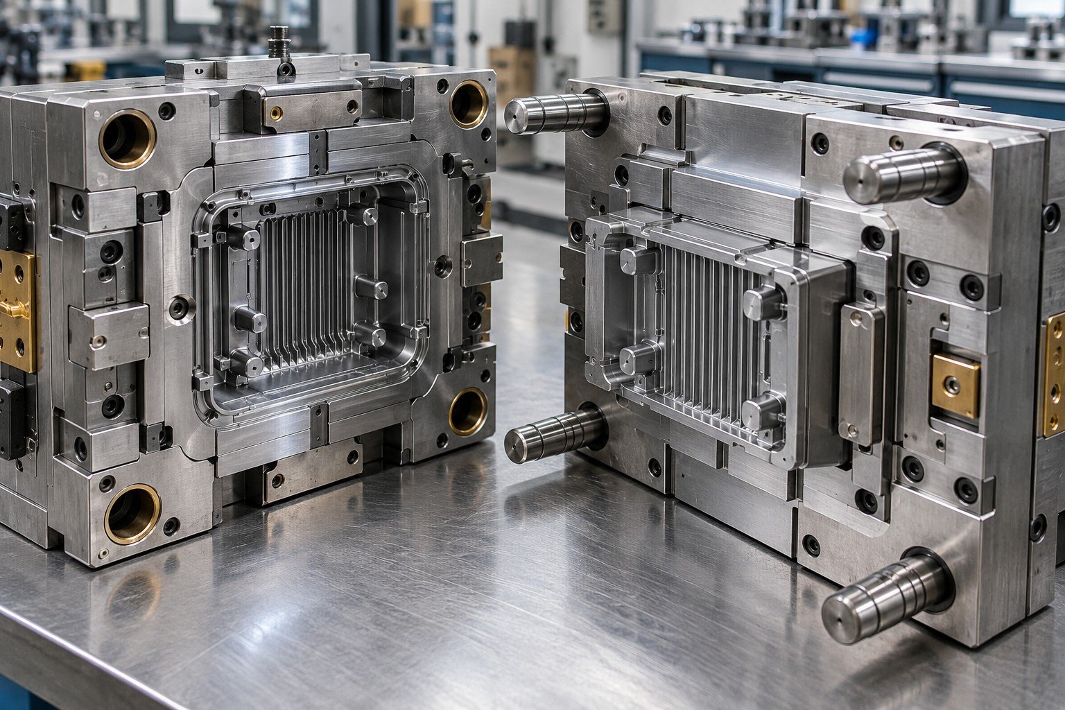 Open injection mold for a ribbed instrument housing with rectangular cavity insert; Acceptance detail