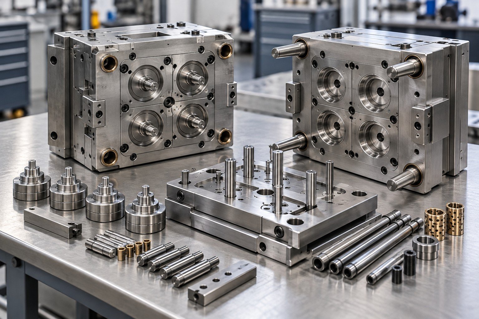 Disassembled compact injection mold with ejector plate and ordered service components; Your Fault detail
