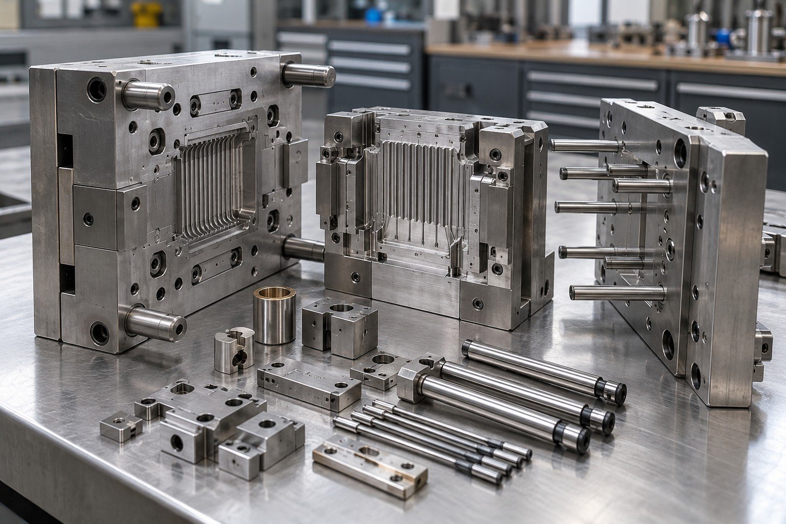 Disassembled compact injection mold with ejector plate and ordered service components; Repair Scope detail
