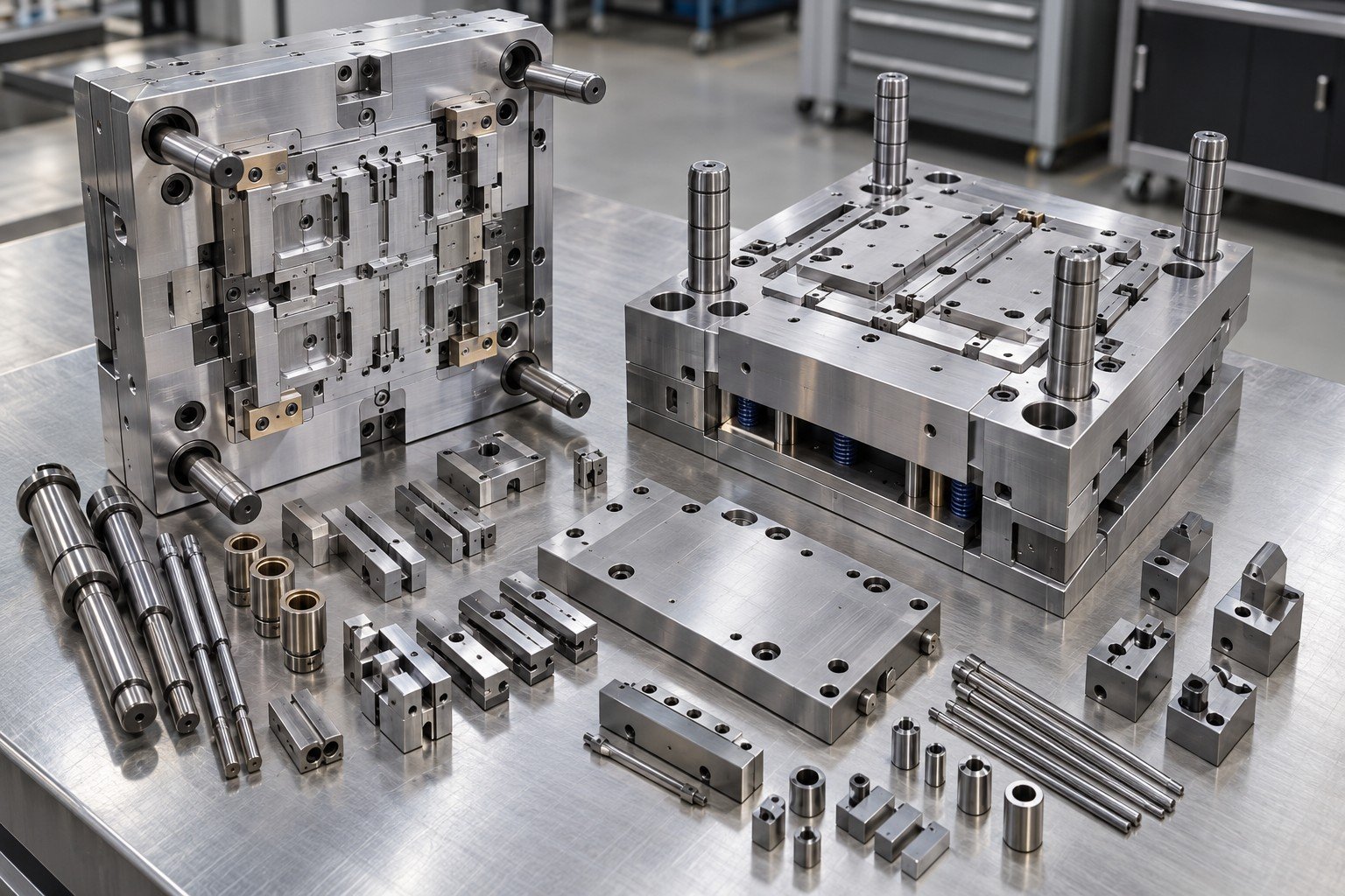 Disassembled compact injection mold with ejector plate and ordered service components; Work Plan detail
