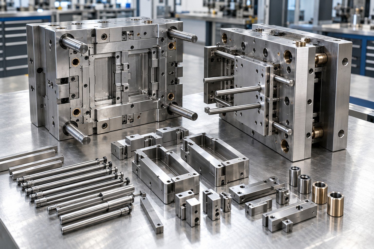 Disassembled compact injection mold with ejector plate and ordered service components; Acceptance detail