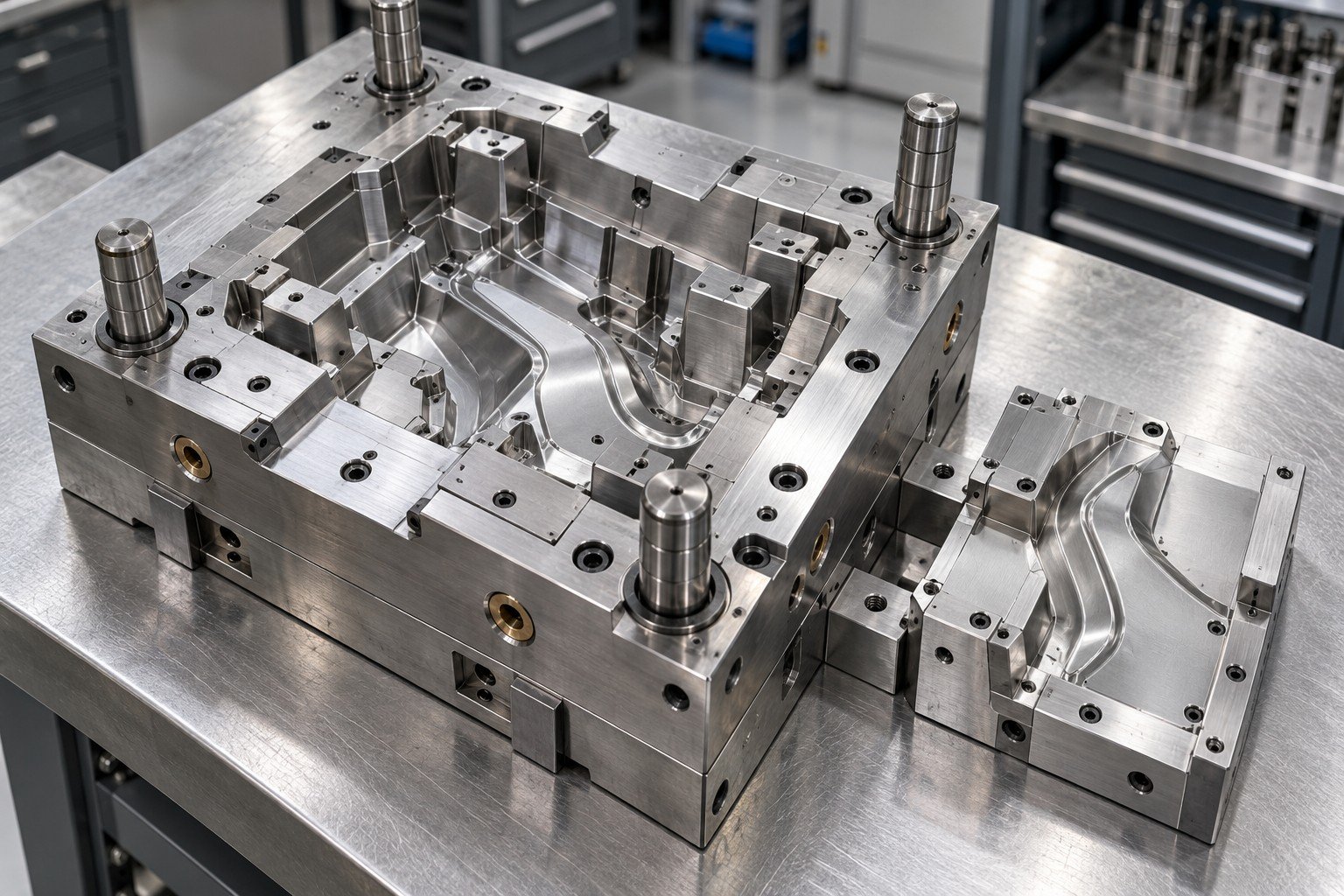 Machined P20-style injection mold cavity block with removable insert, no grade text