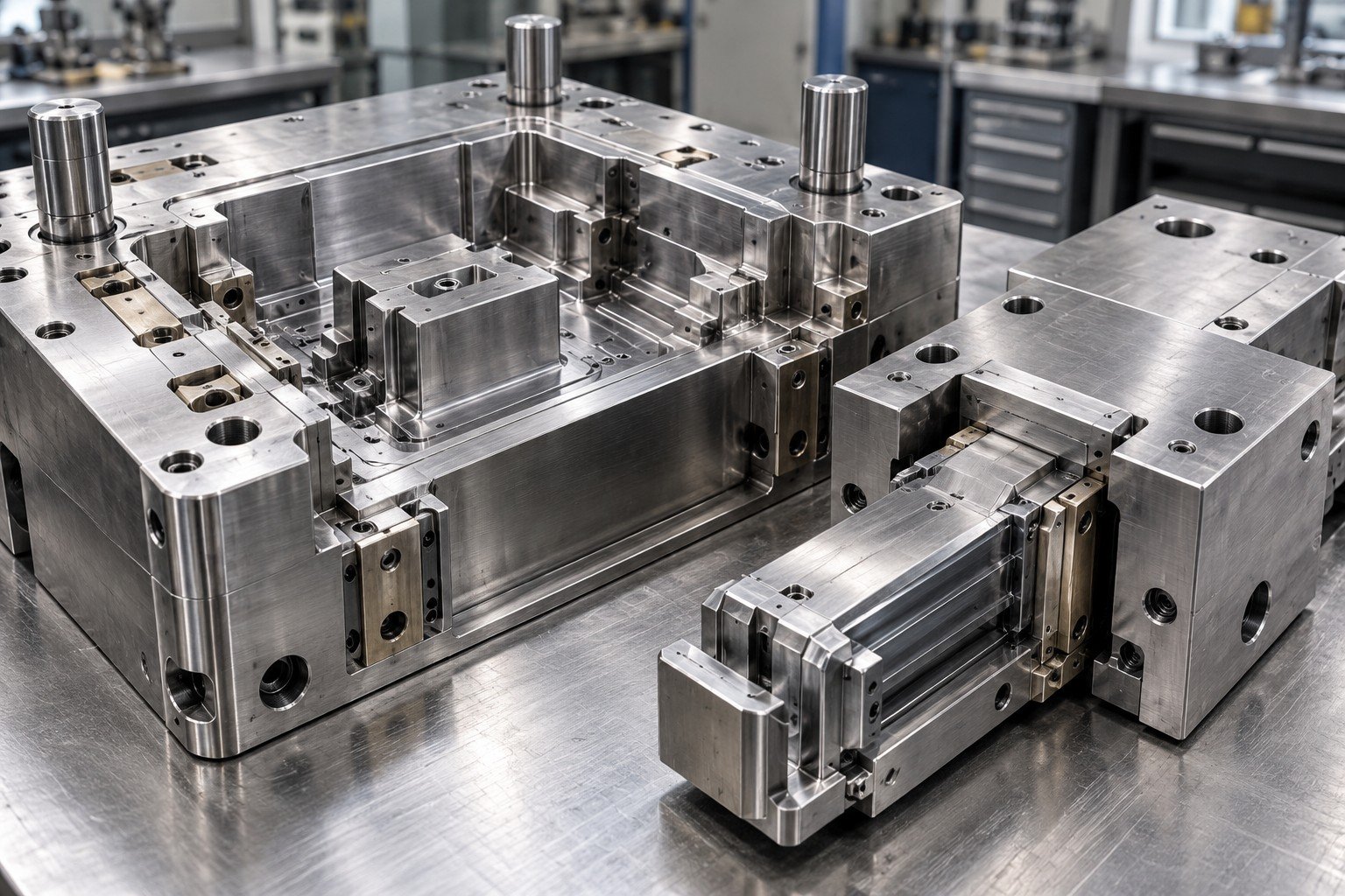 Die casting die core and slide with polished tool steel features on clean bench
