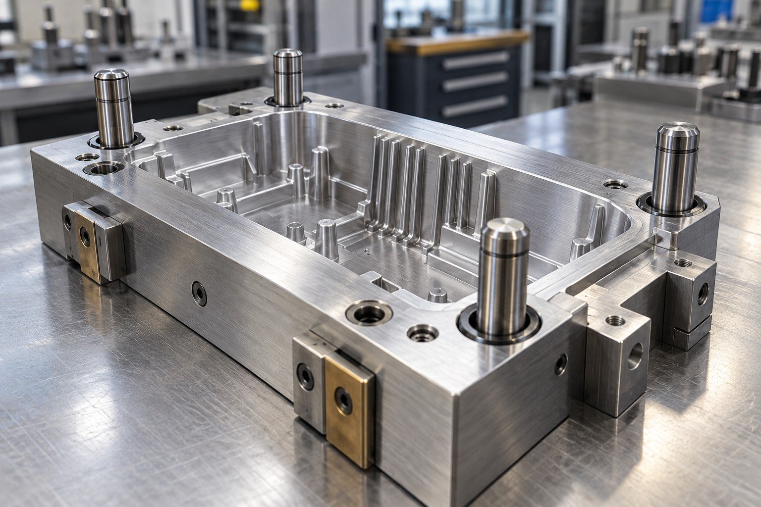 Aluminum prototype mold block with steel guide pins and shallow housing cavity