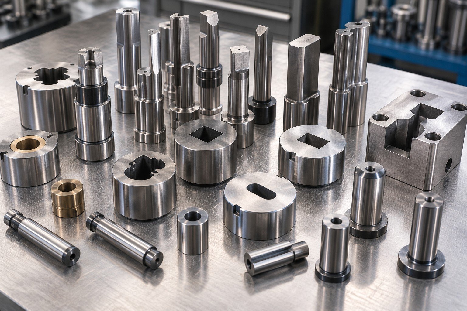 Grouped blanking punches, die buttons and pilot pins of varied accurate shapes