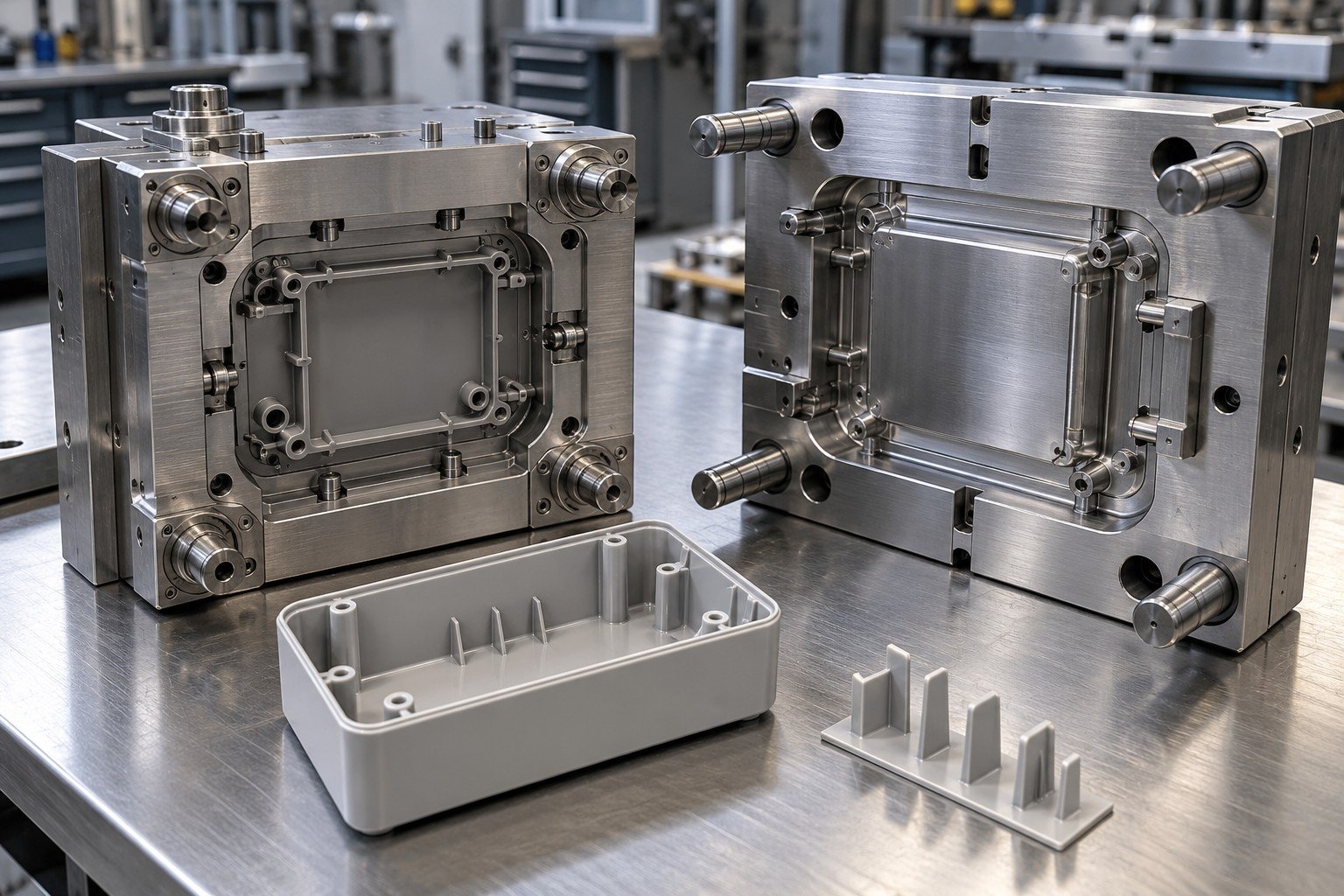 Injection mold cavity insert for a plastic enclosure beside revised rib geometry trial sample; Your Fault detail