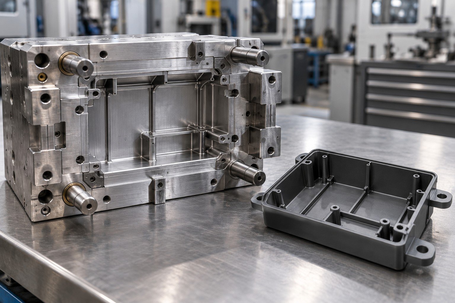 Injection mold cavity insert for a plastic enclosure beside revised rib geometry trial sample; Repair Scope detail