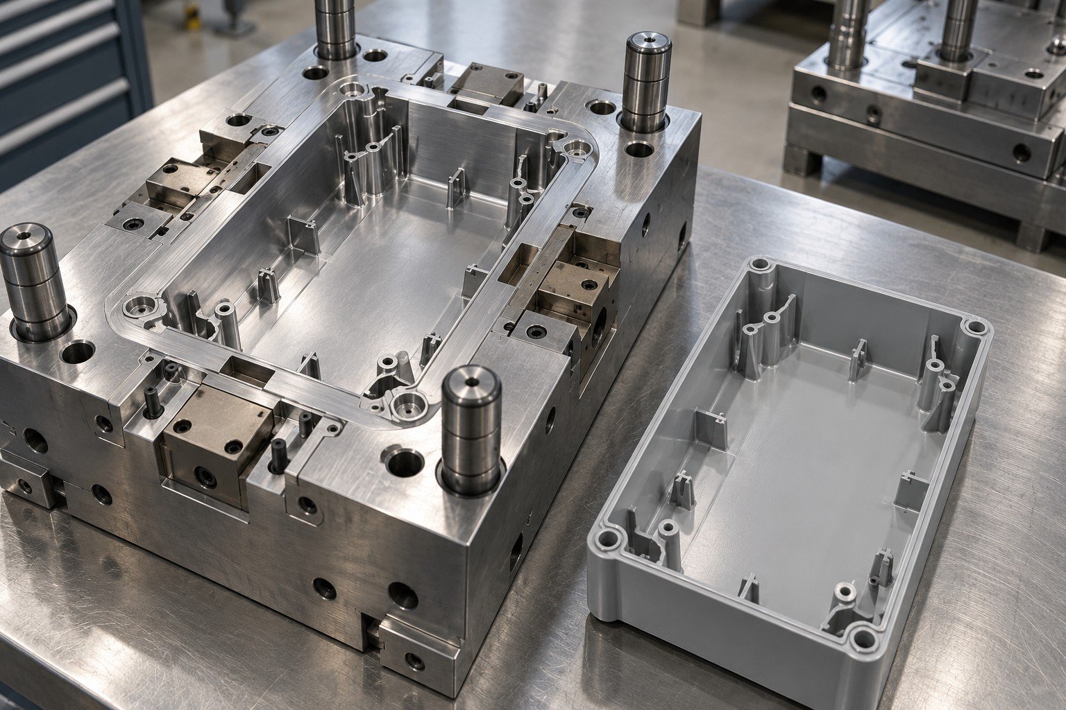Injection mold cavity insert for a plastic enclosure beside revised rib geometry trial sample; Work Plan detail