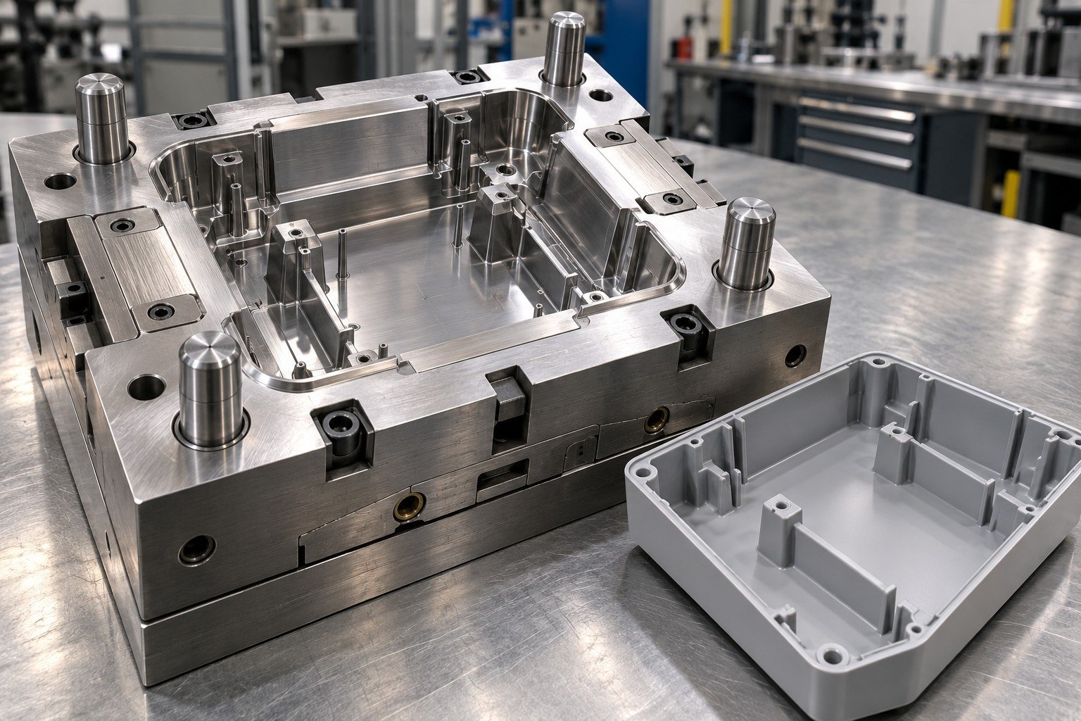 Injection mold cavity insert for a plastic enclosure beside revised rib geometry trial sample; Acceptance detail