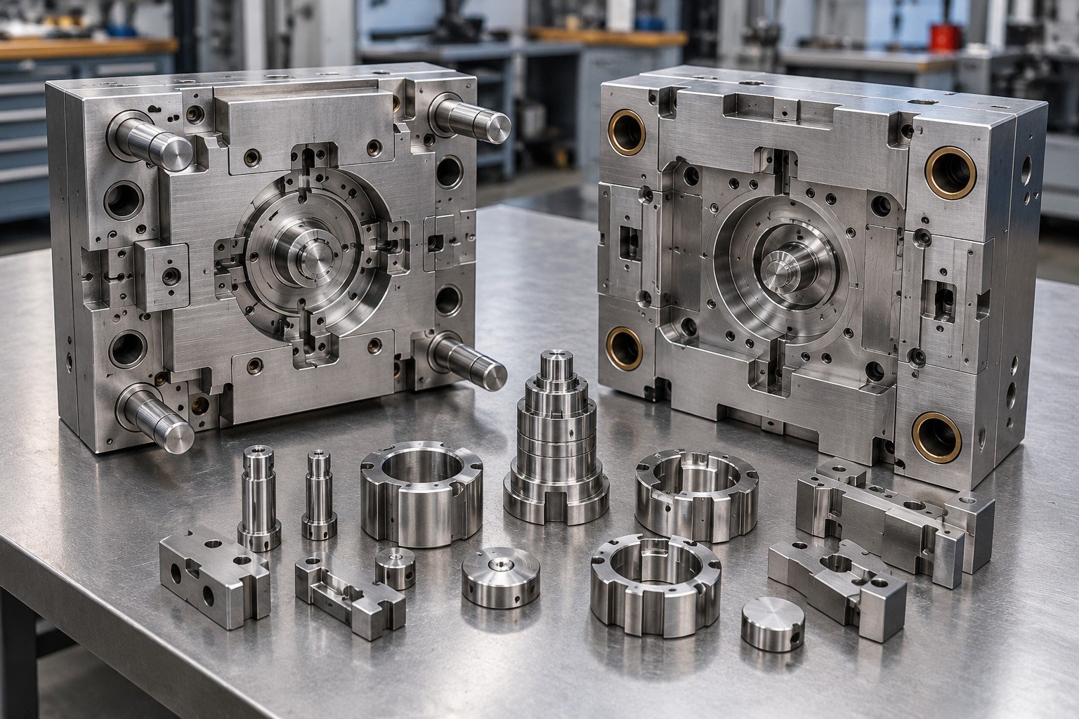 Open small industrial mold with separated numbered-layout components, no visible text