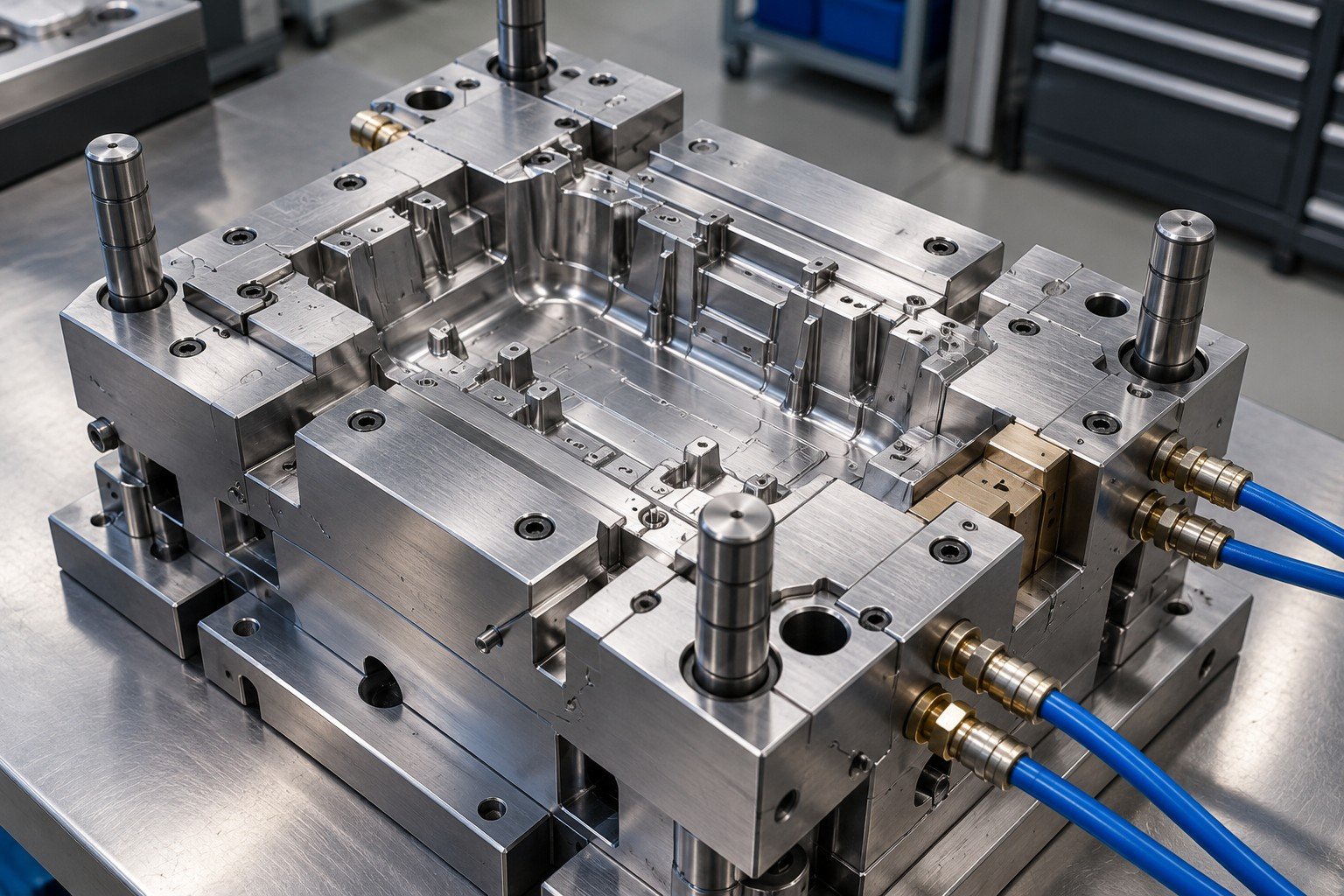 Assembled mold with guide pins and cooling connections on inspection bench