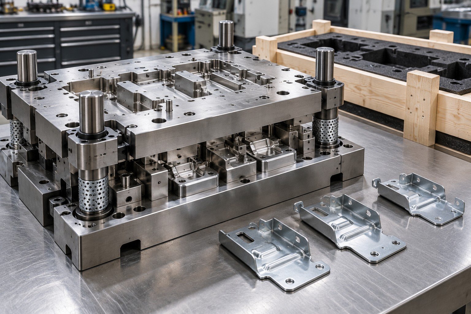 Serviced stamping die with trial brackets and protected packing frame