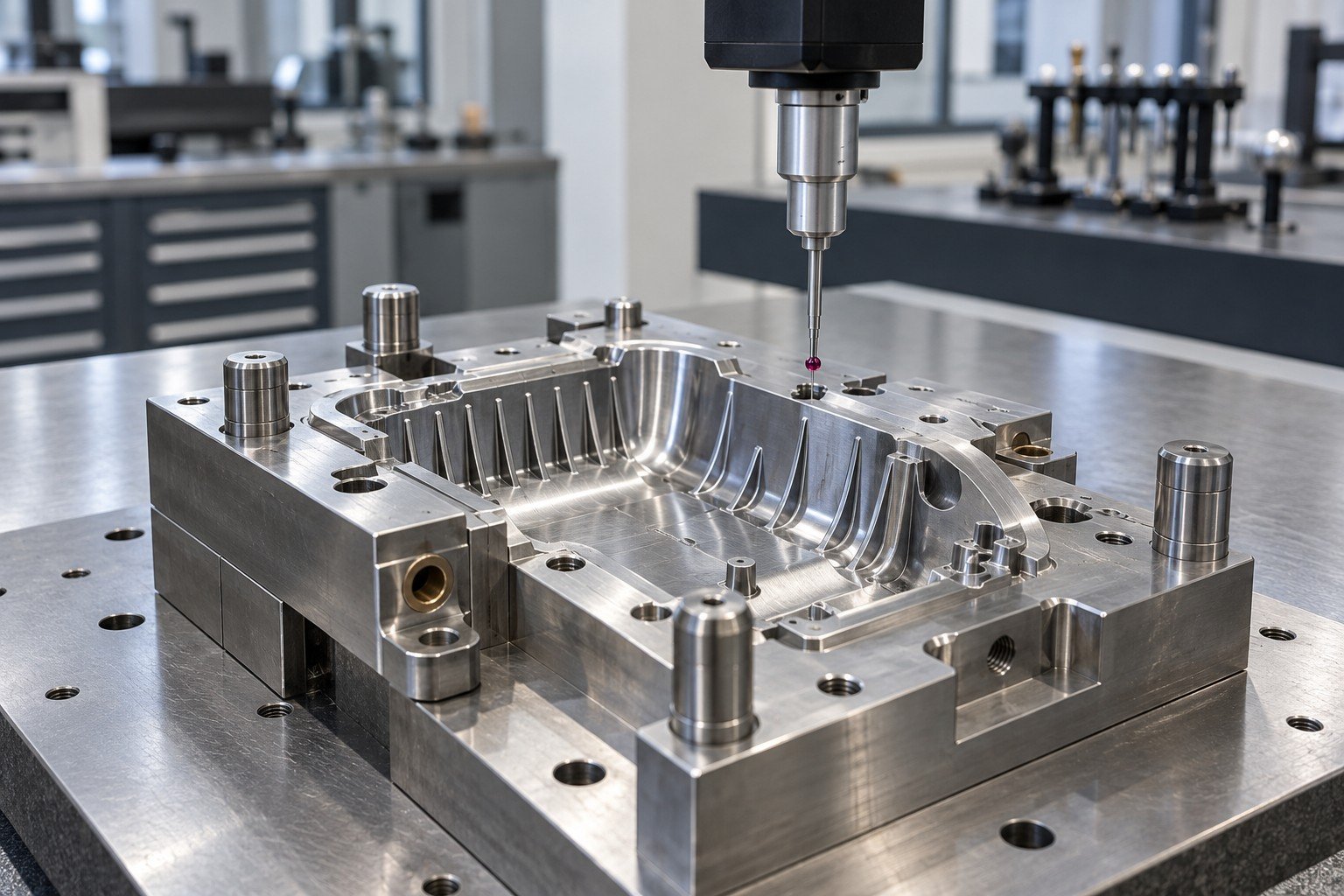 Mold cavity insert under coordinate measuring machine probe, clean metrology area