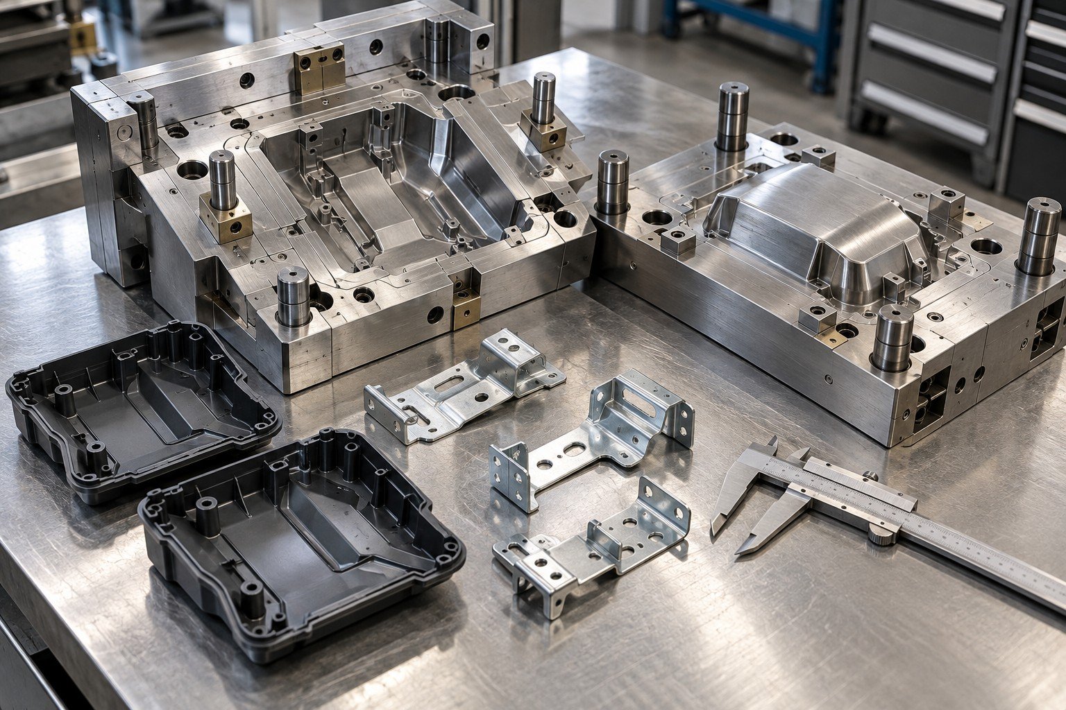 Trial molded industrial shells and stamped brackets with caliper and mating fixture