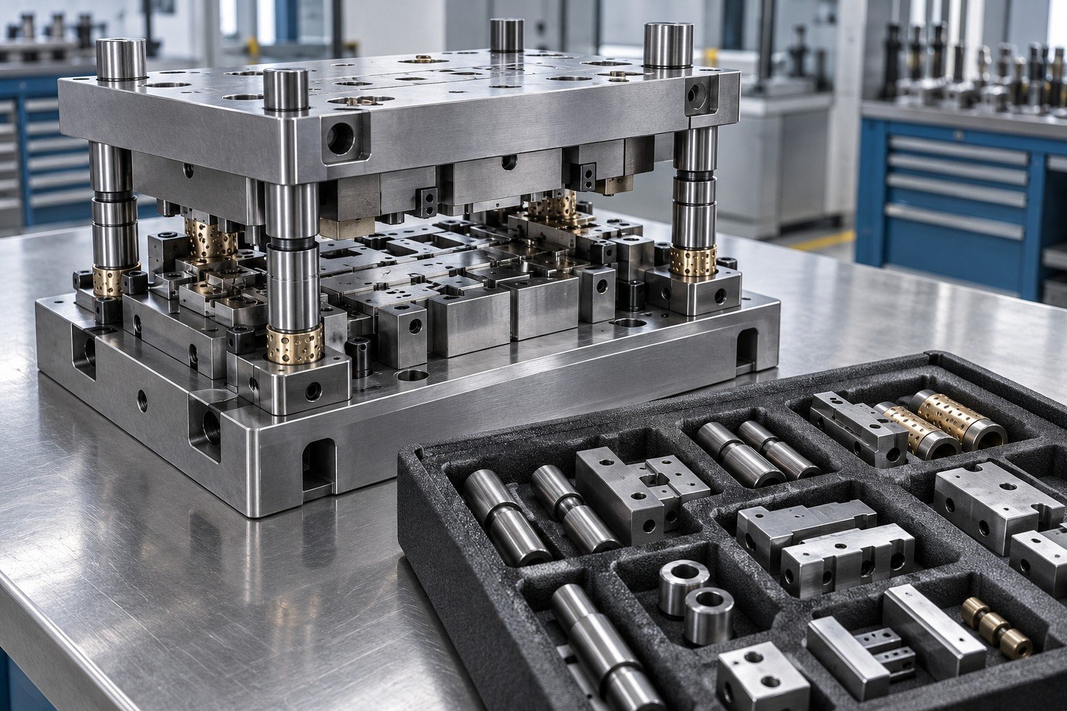 Serviced industrial die and organized spare components in protective packing tray