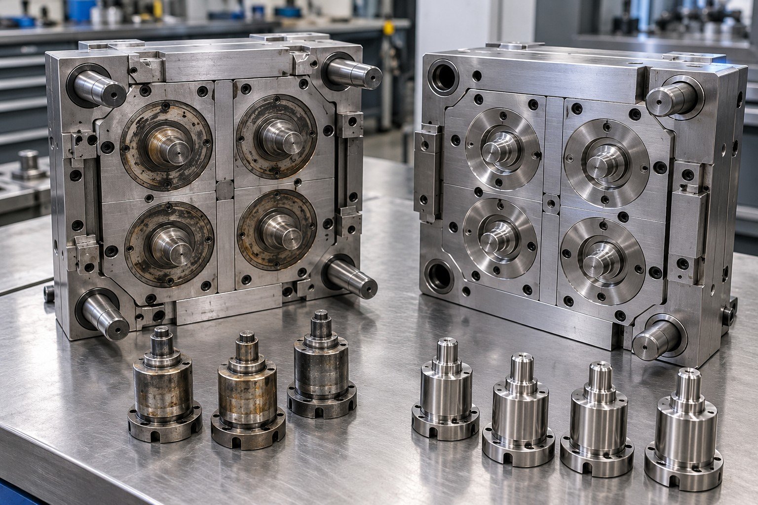Separated multi-insert injection mold frame with worn removable inserts and clean replacement insert set; Your Fault detail