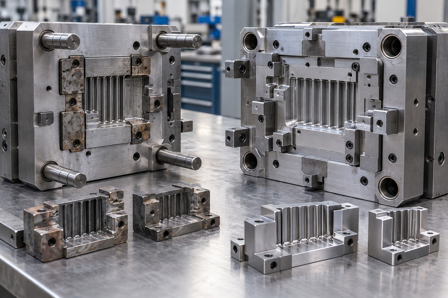 Separated multi-insert injection mold frame with worn removable inserts and clean replacement insert set; Repair Scope detail