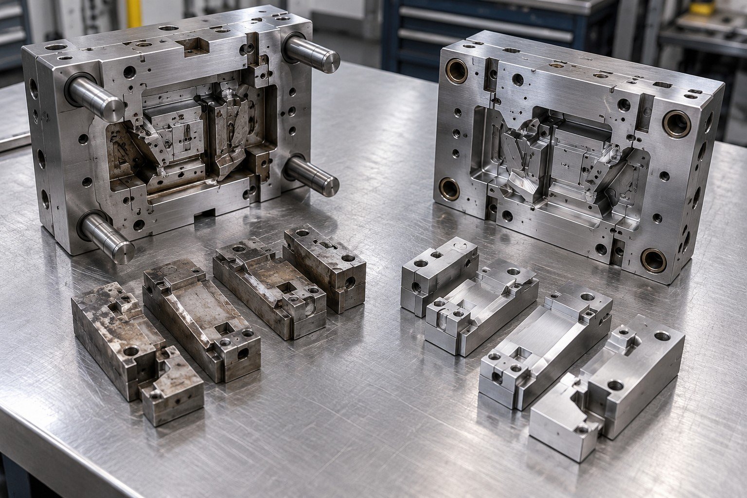 Separated multi-insert injection mold frame with worn removable inserts and clean replacement insert set; Work Plan detail