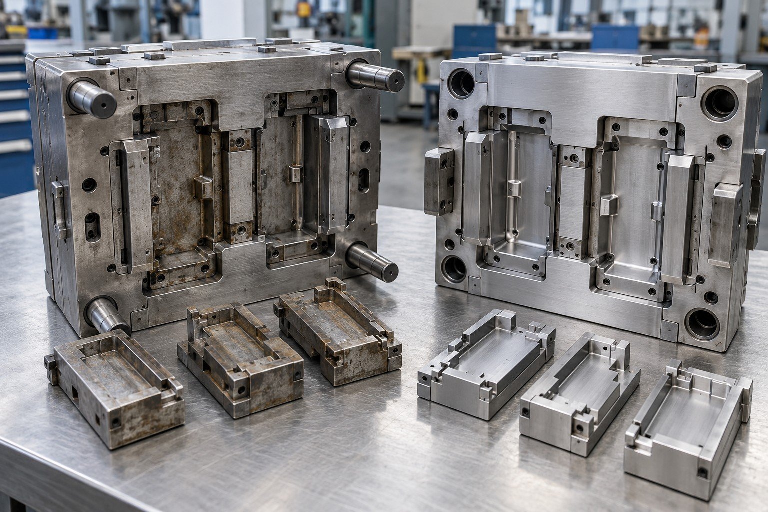 Separated multi-insert injection mold frame with worn removable inserts and clean replacement insert set; Acceptance detail
