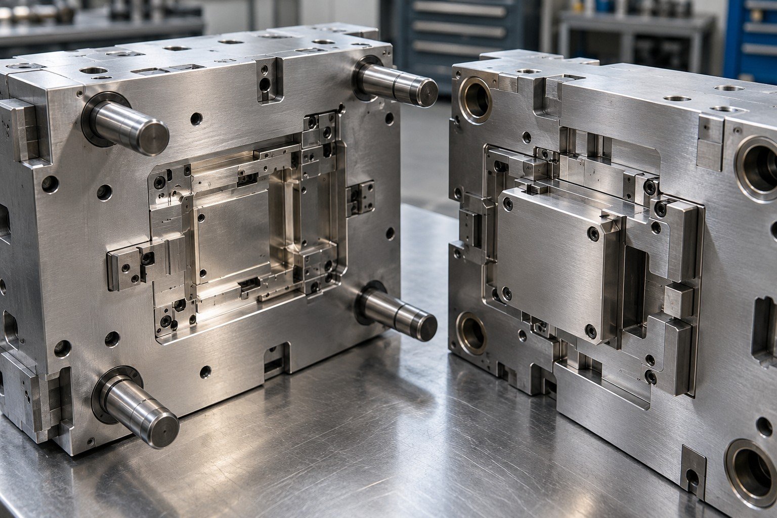 Close detail of industrial injection mold shutoff and parting face with removable rectangular insert