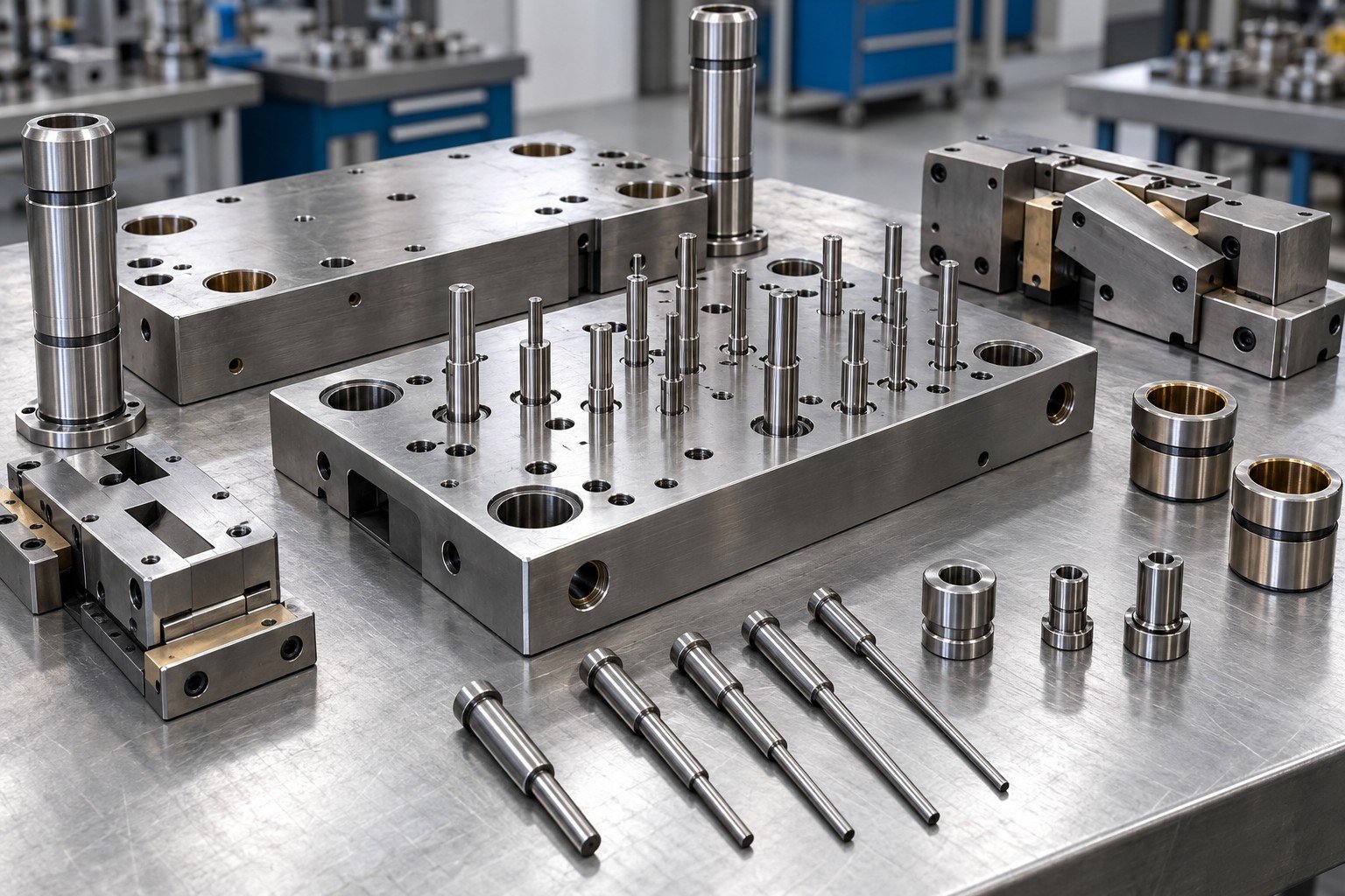 Disassembled ejector plate with stepped ejector pins, guide bushes and slide assembly