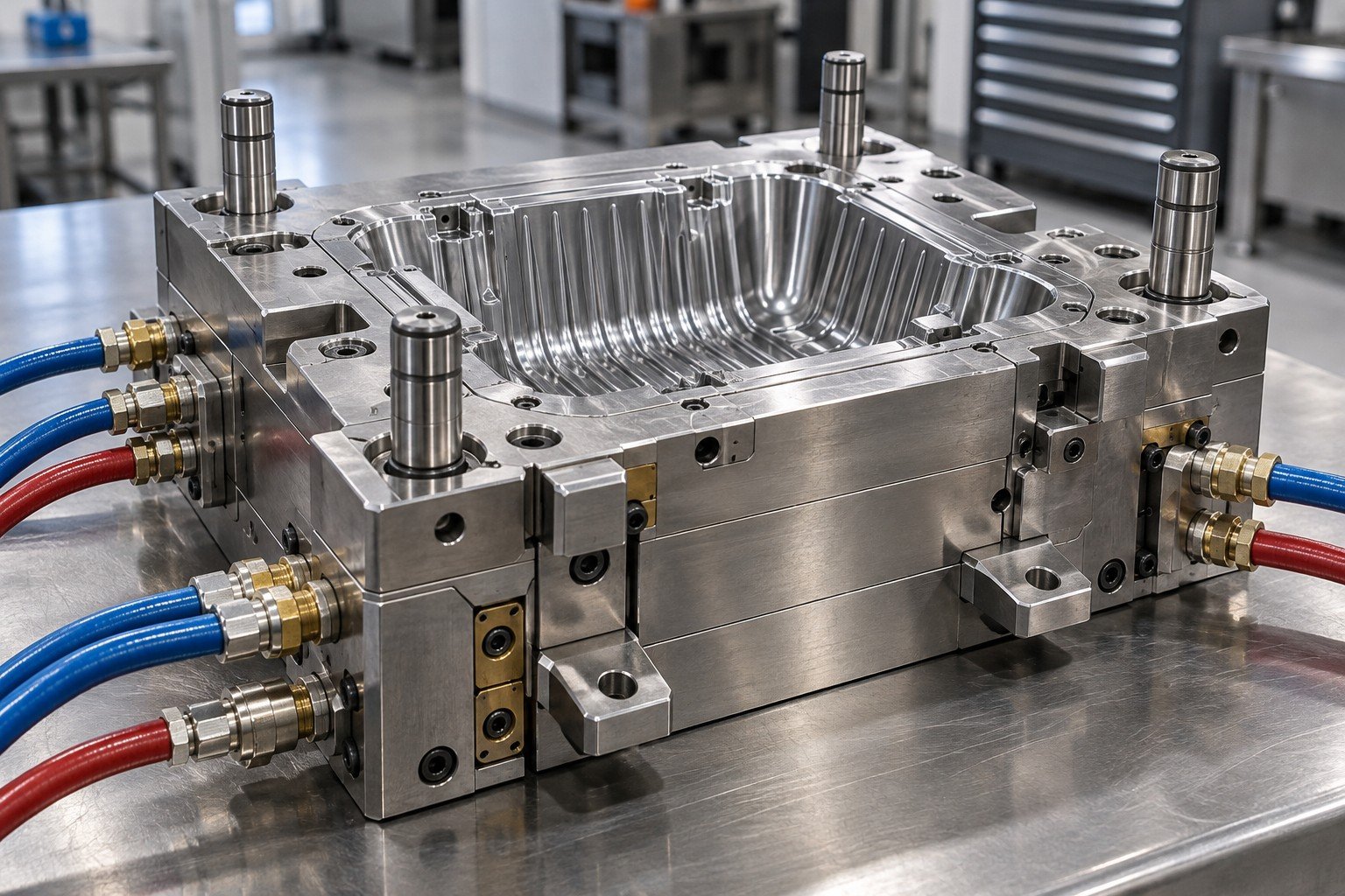 Tool steel mold insert with coolant ports and hoses on clean pressure-test bench, no invented readings